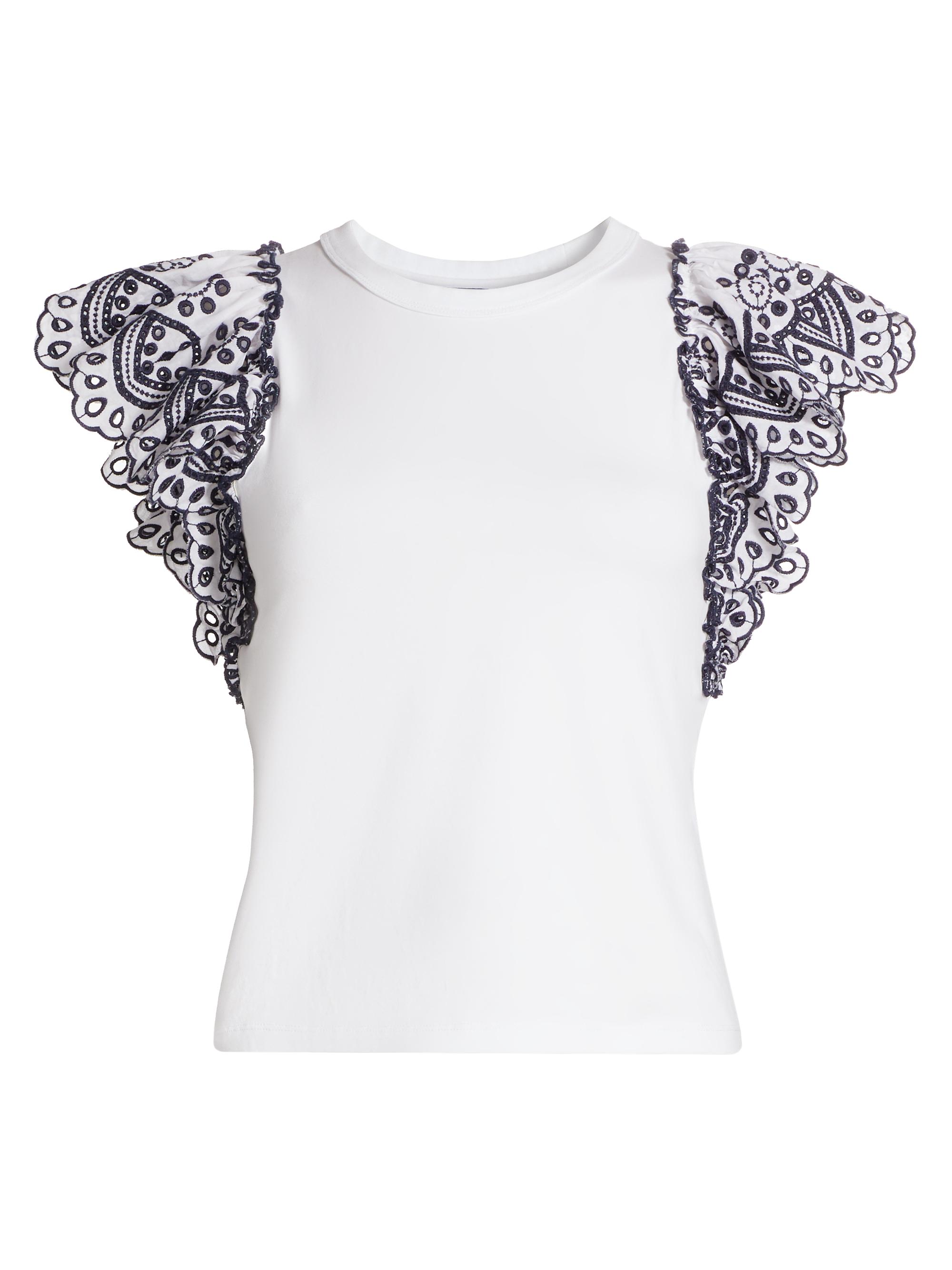 Veronica Beard Women's Julianka Cotton Embroidered Flutter-Sleeve Top - White Navy