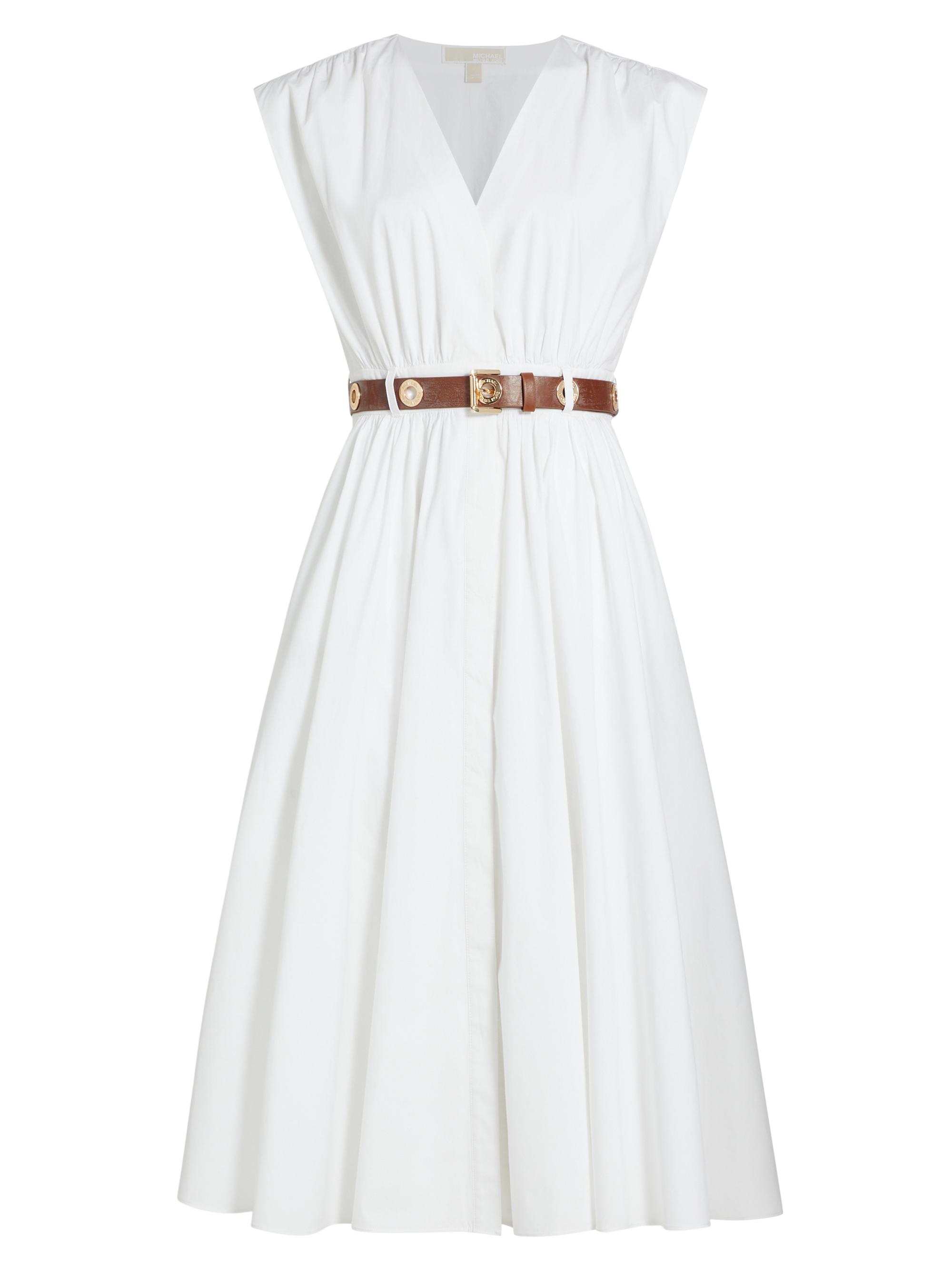 MICHAEL Michael Kors Women's Stretch-Cotton Poplin Belted Midi-Dress - White