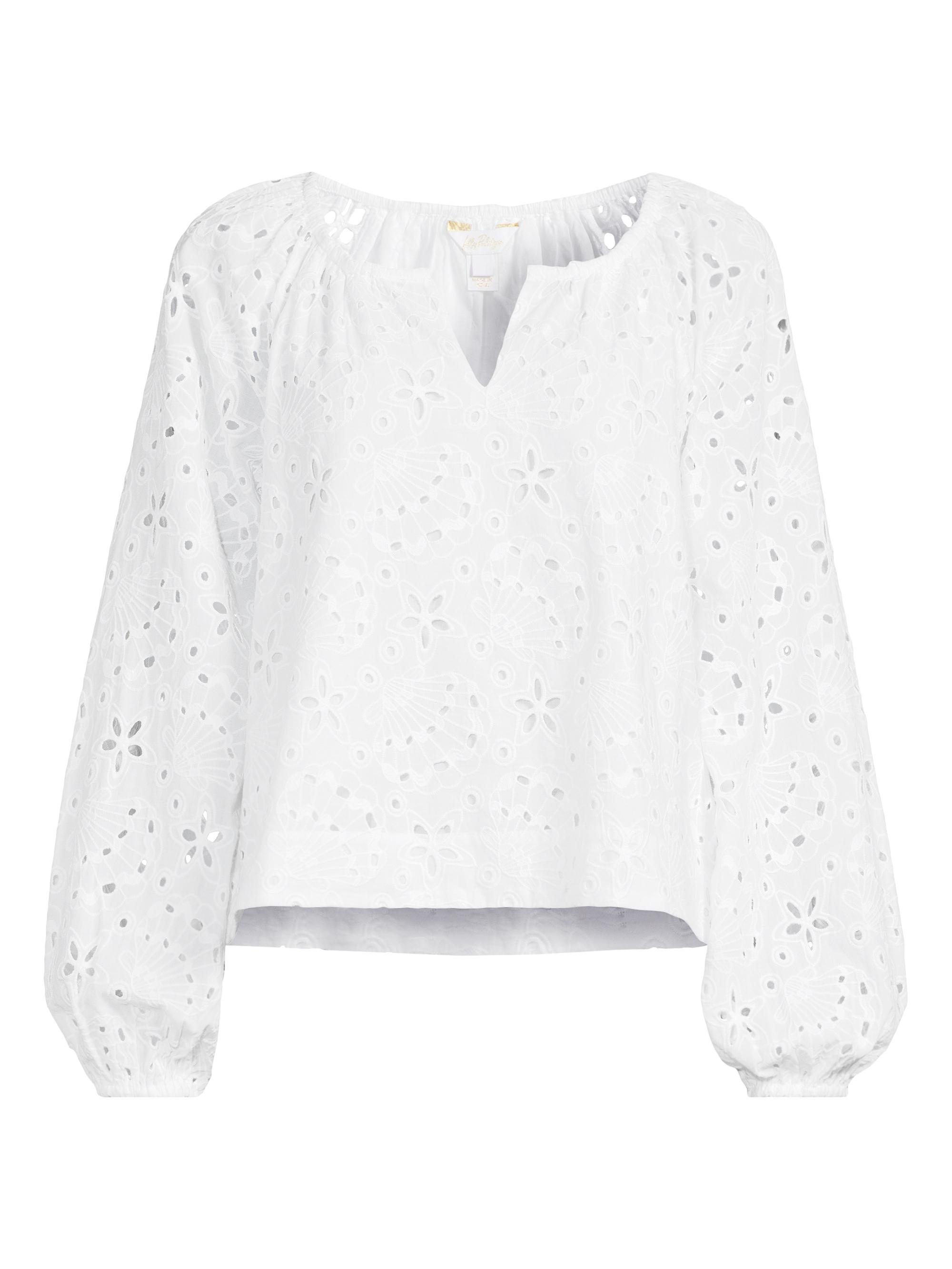 Lilly Pulitzer Women's Maisha Seashell Eyelet Notch Blouse - Resort White Sealife Eyelet