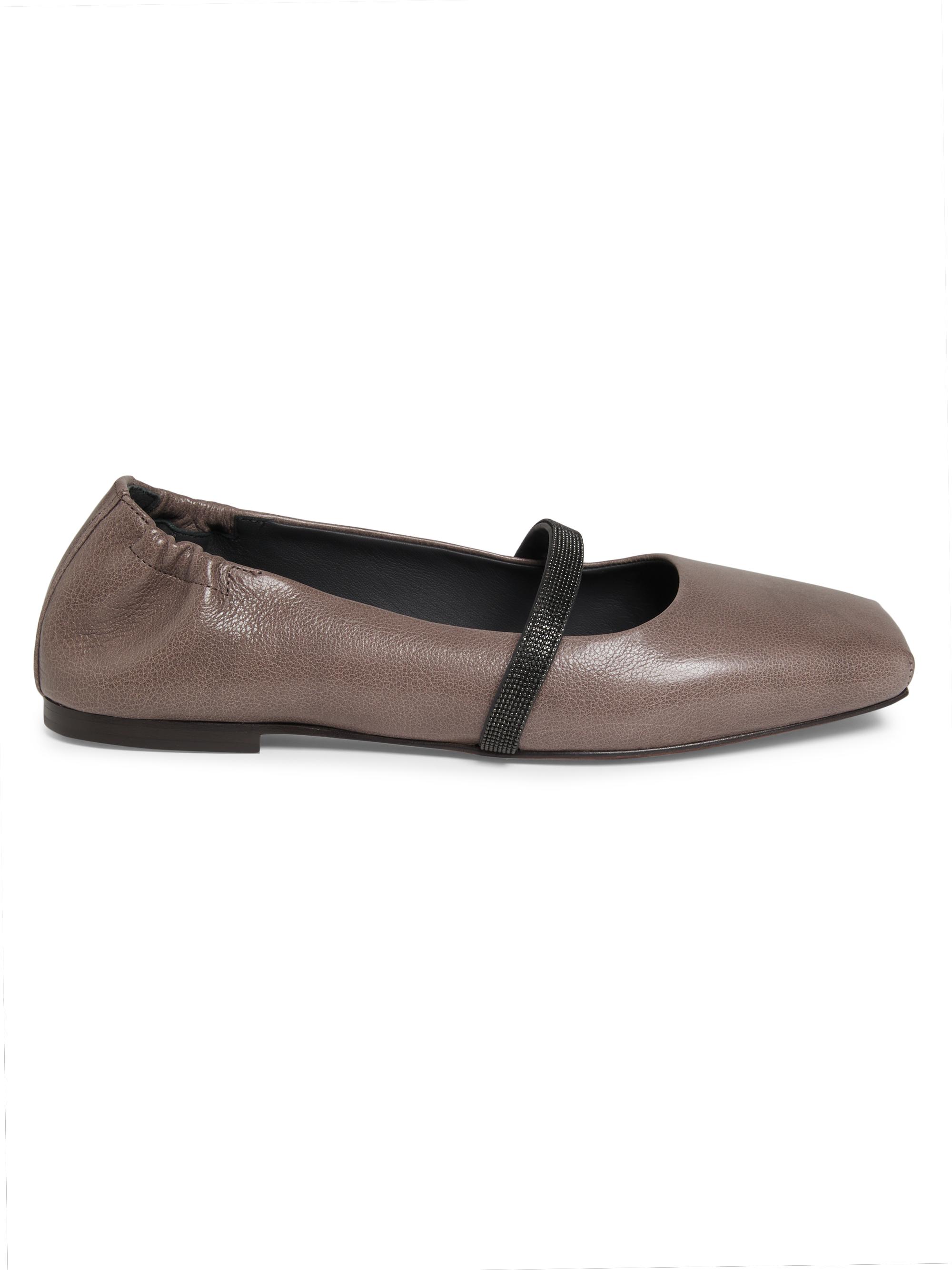 Brunello Cucinelli Women's Square-Toe Leather Mary Jane Flats - Mud