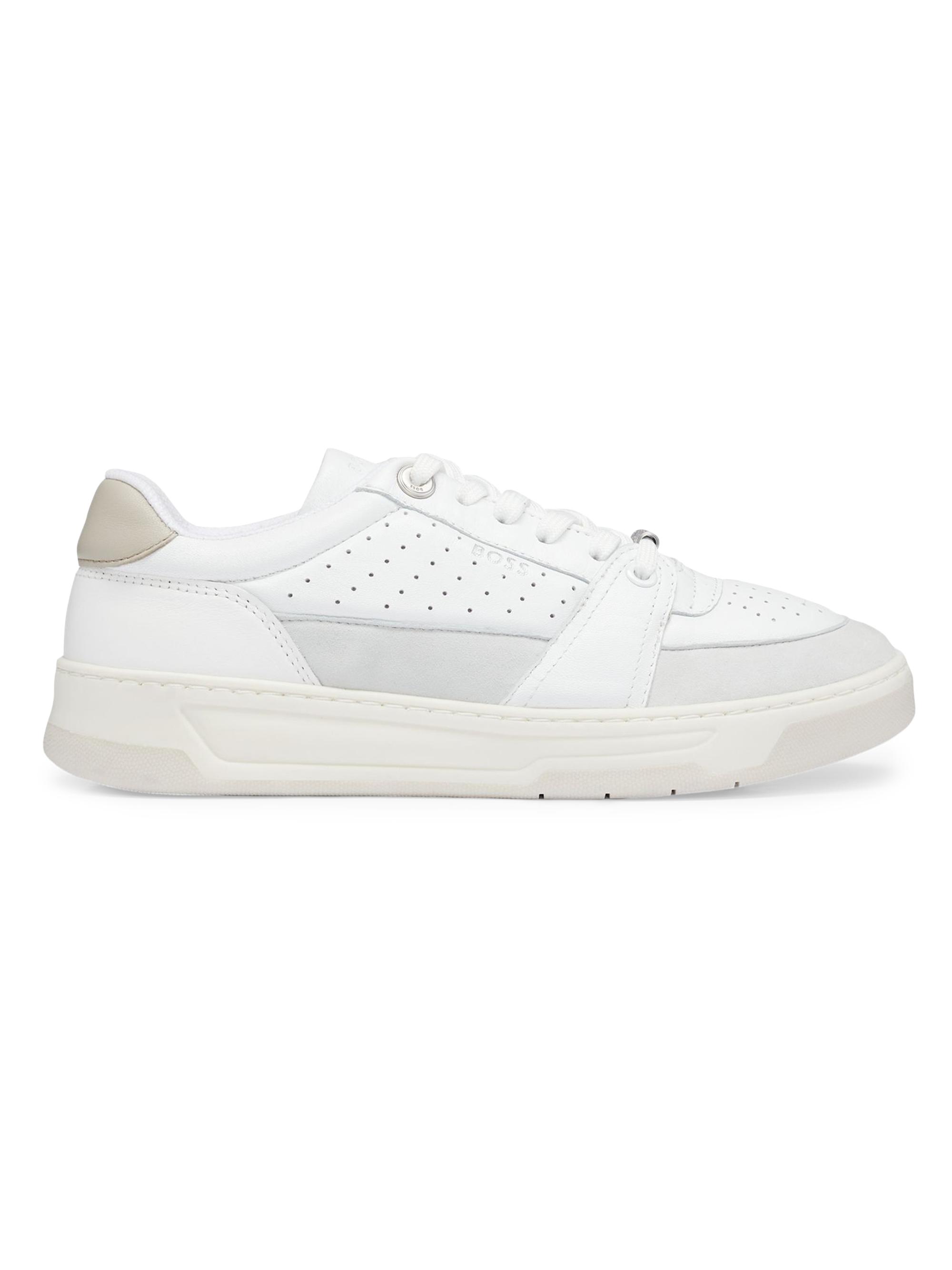 BOSS Women's Leather Trainer Sneakers with Suede Trims and Perforations - White