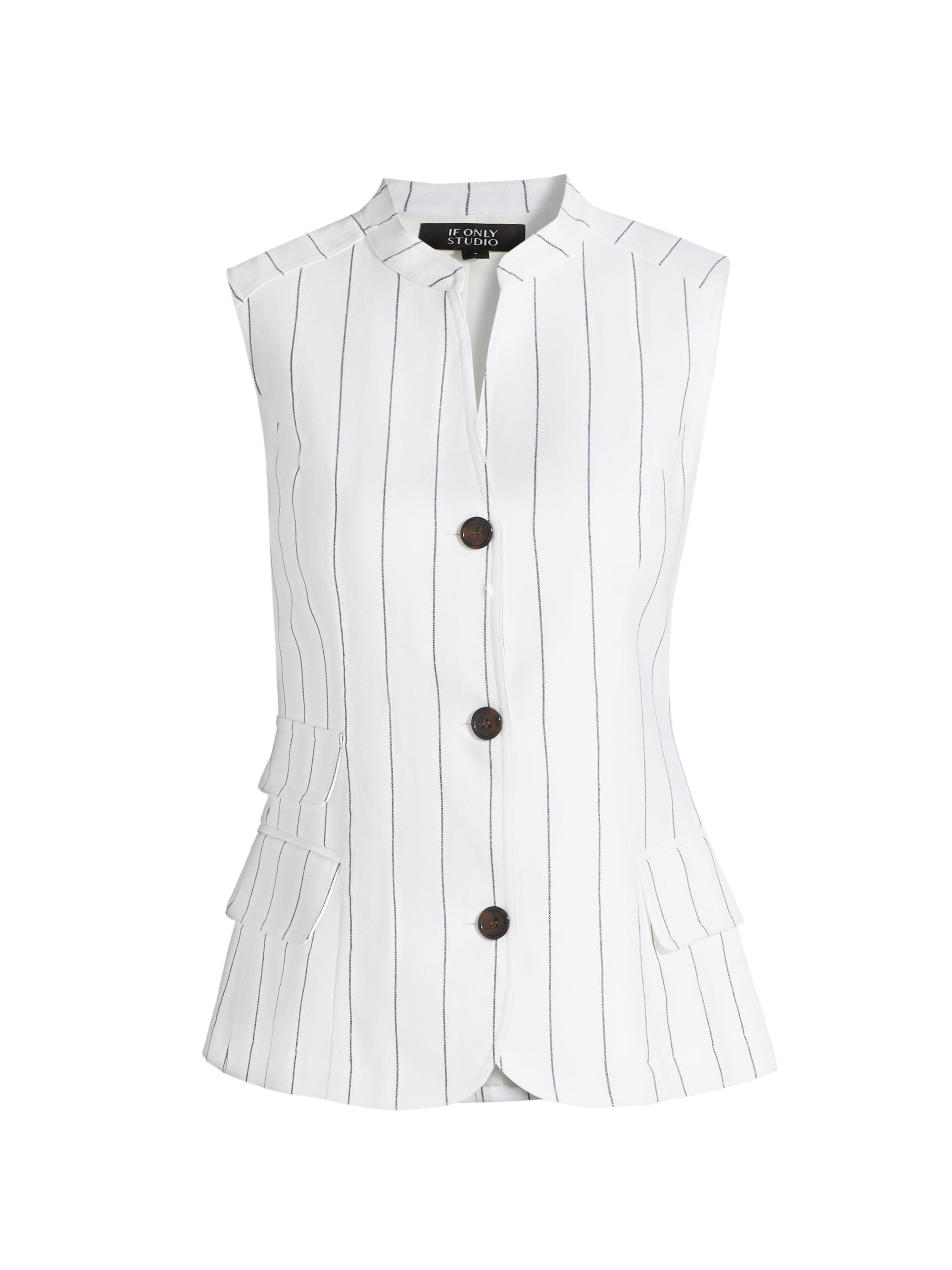 If Only Studio Women's Pinstripe Cotton-Linen Vest - White Navy