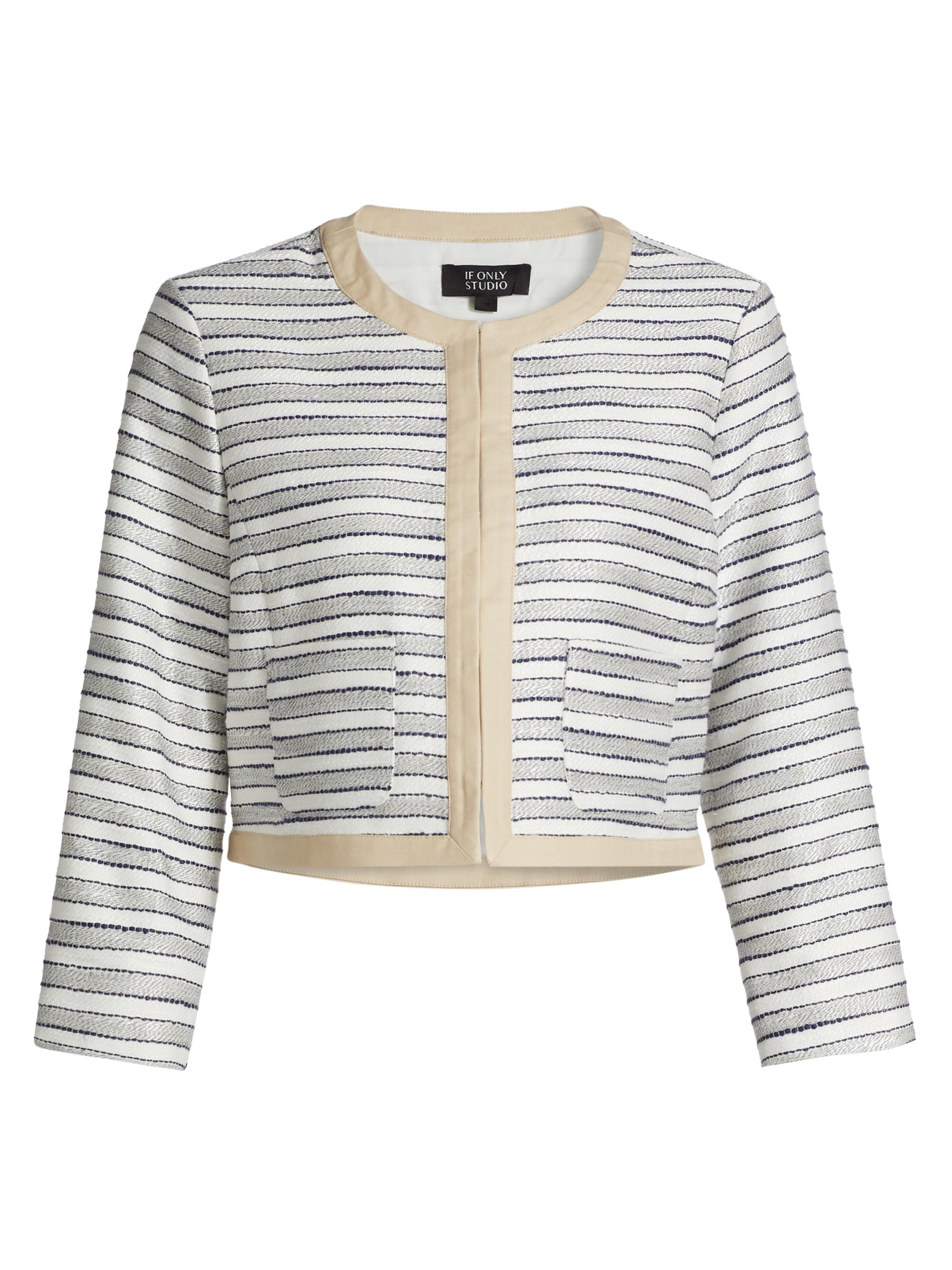 If Only Studio Women's Striped Tweed Crop Jacket - Blue White