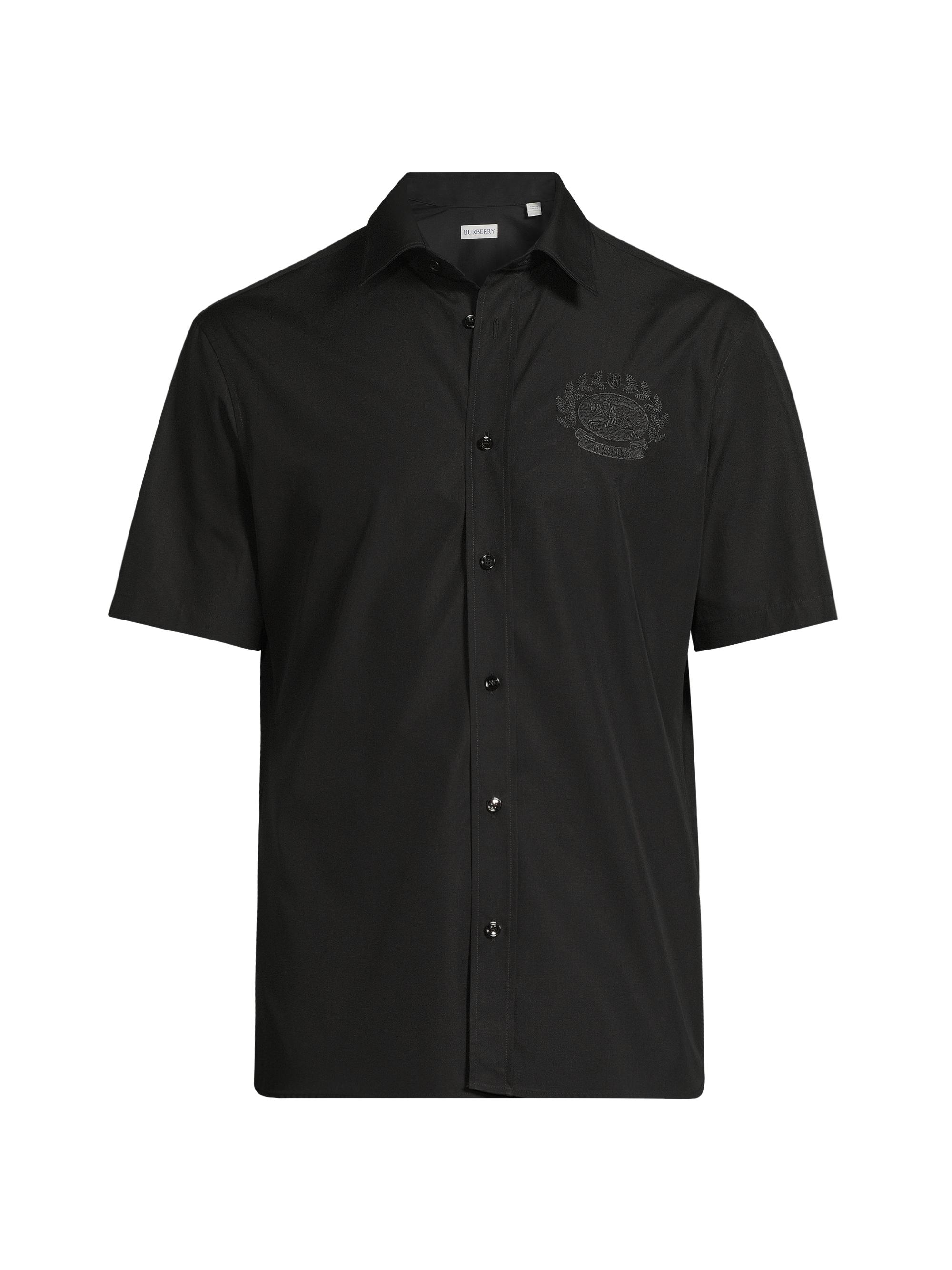 Burberry Men's Embroidered Crest Logo Cotton Shirt - Black