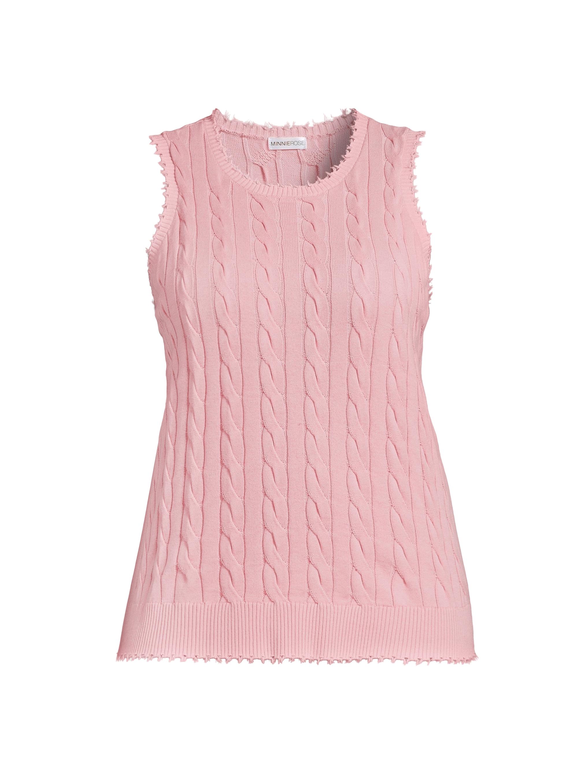 Minnie Rose Women's Frayed Cable-Knit Sleeveless Top - Pink