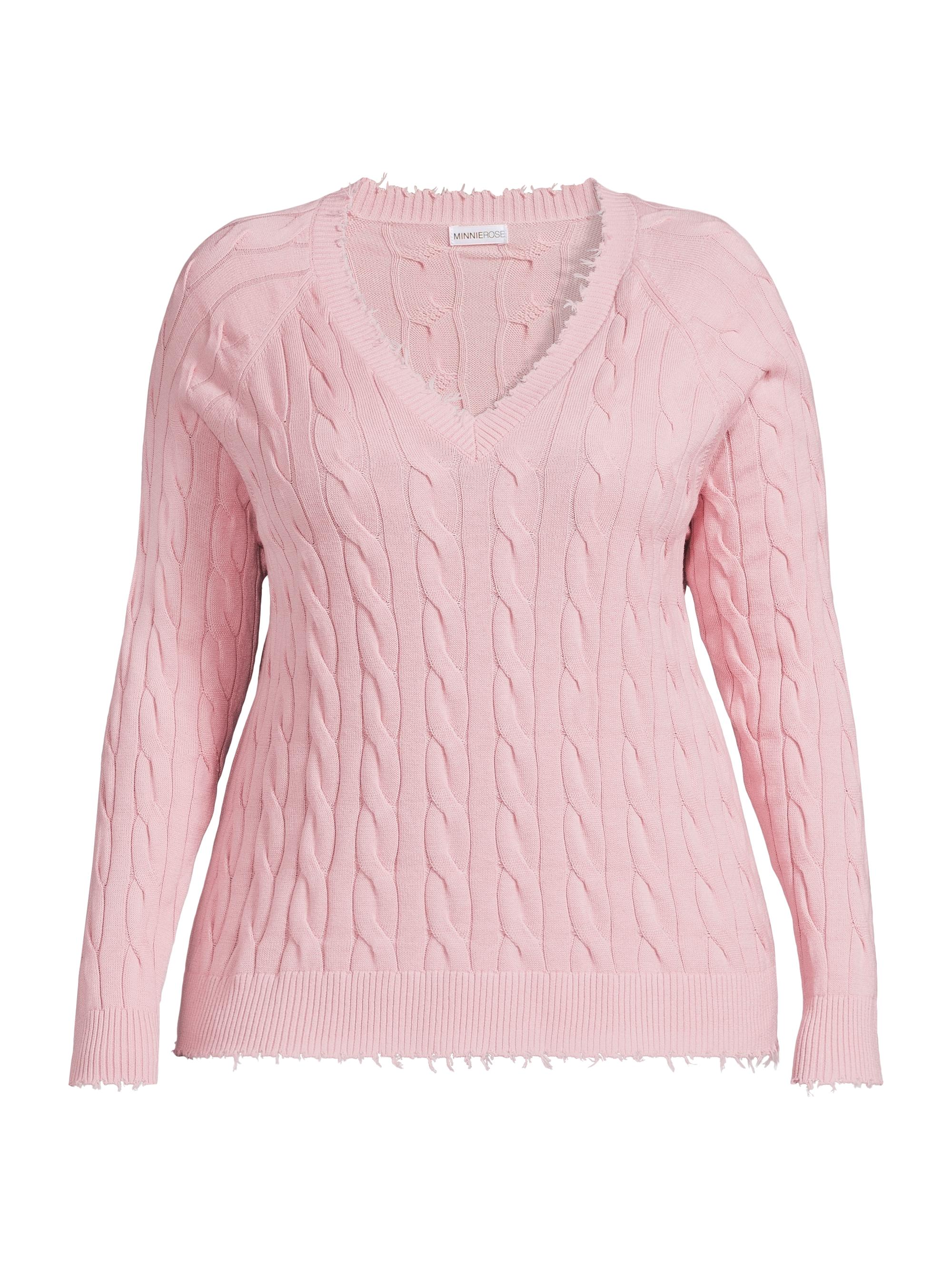 Minnie Rose Women's Frayed Cable-Knit V-Neck Sweater - Pink