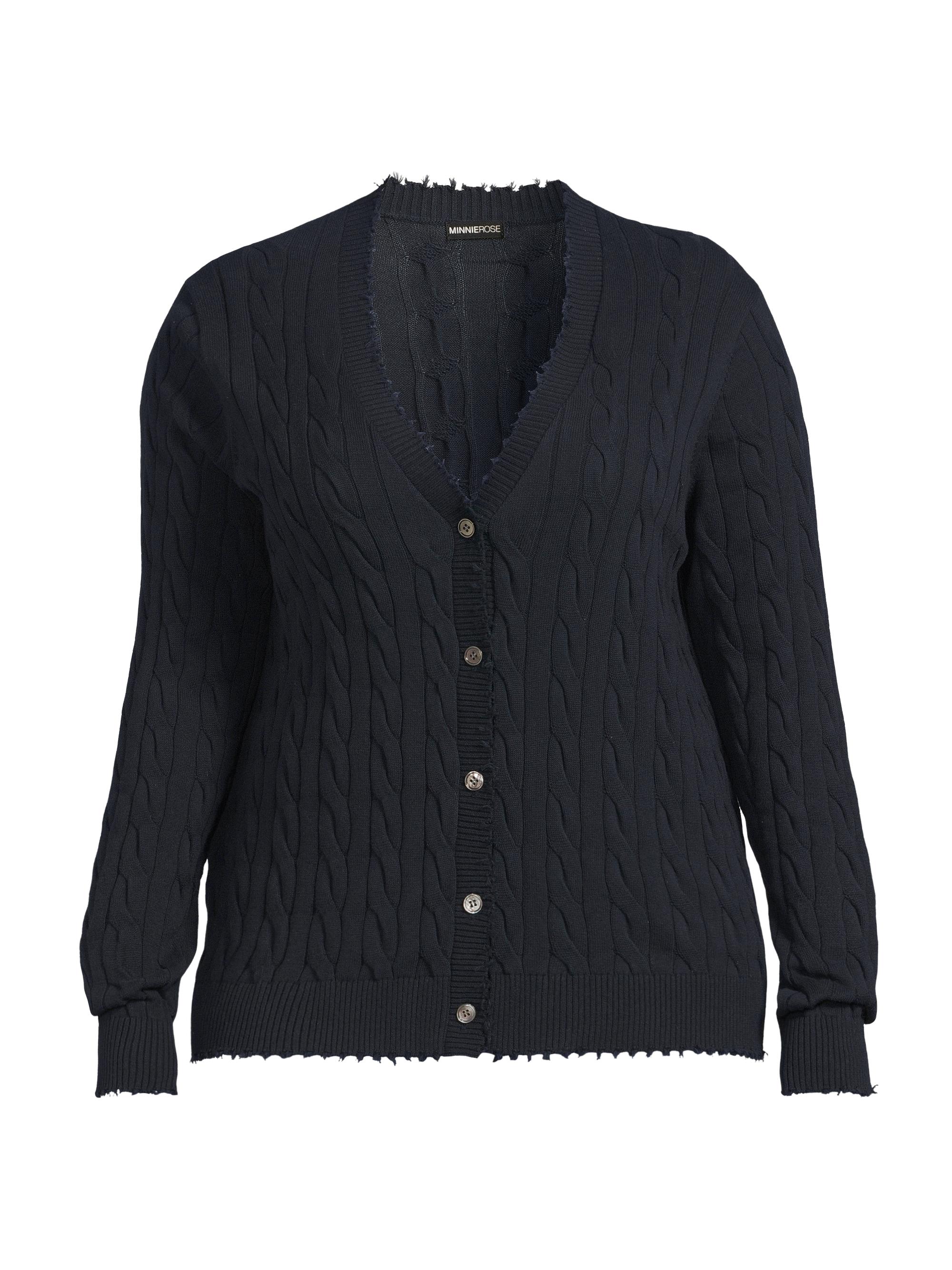 Minnie Rose Women's Frayed Cable-Knit V-Neck Cardigan - Navy