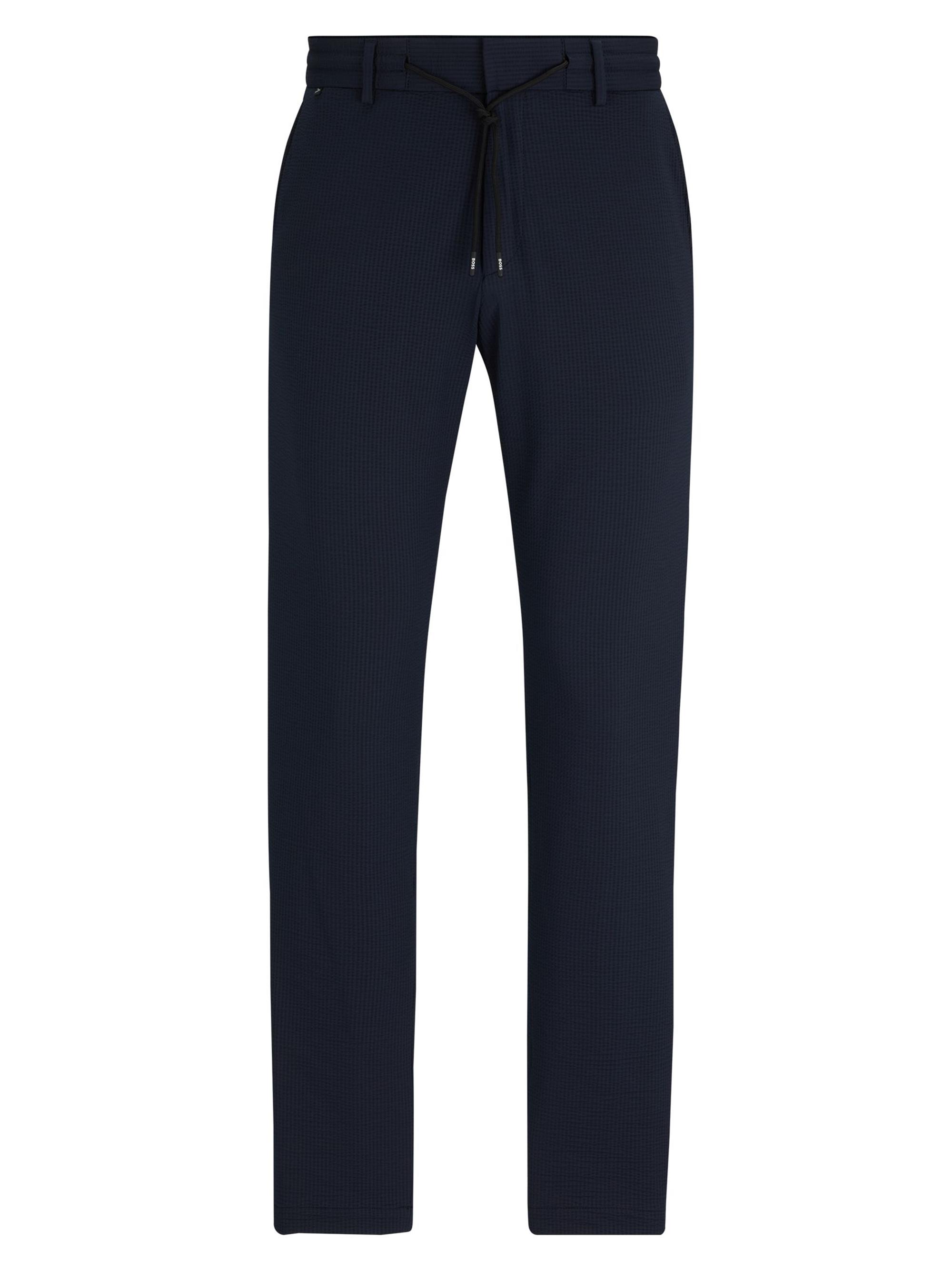 BOSS Men's Slim Fit Trousers in Performance Stretch Seersucker - Dark Blue