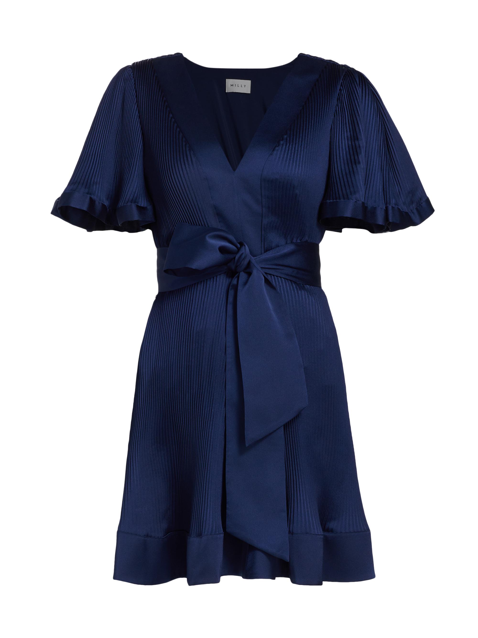 Milly Women's Ellie Satin Pleated Short-Sleeve Minidress - Navy