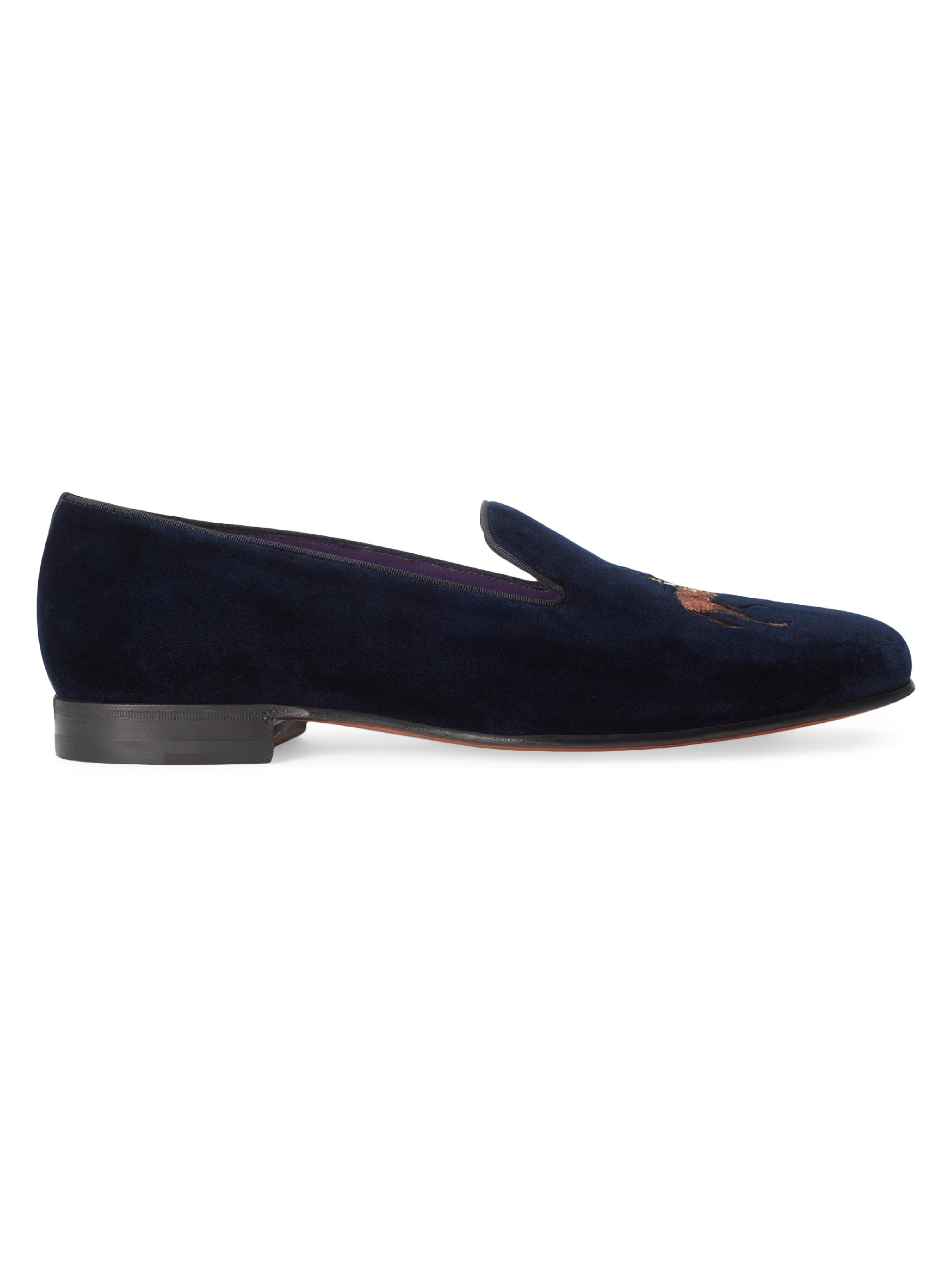 Ralph Lauren Purple Label Men's Alonzo Standing Horse Velvet Slipper - Classic Chairman Navy