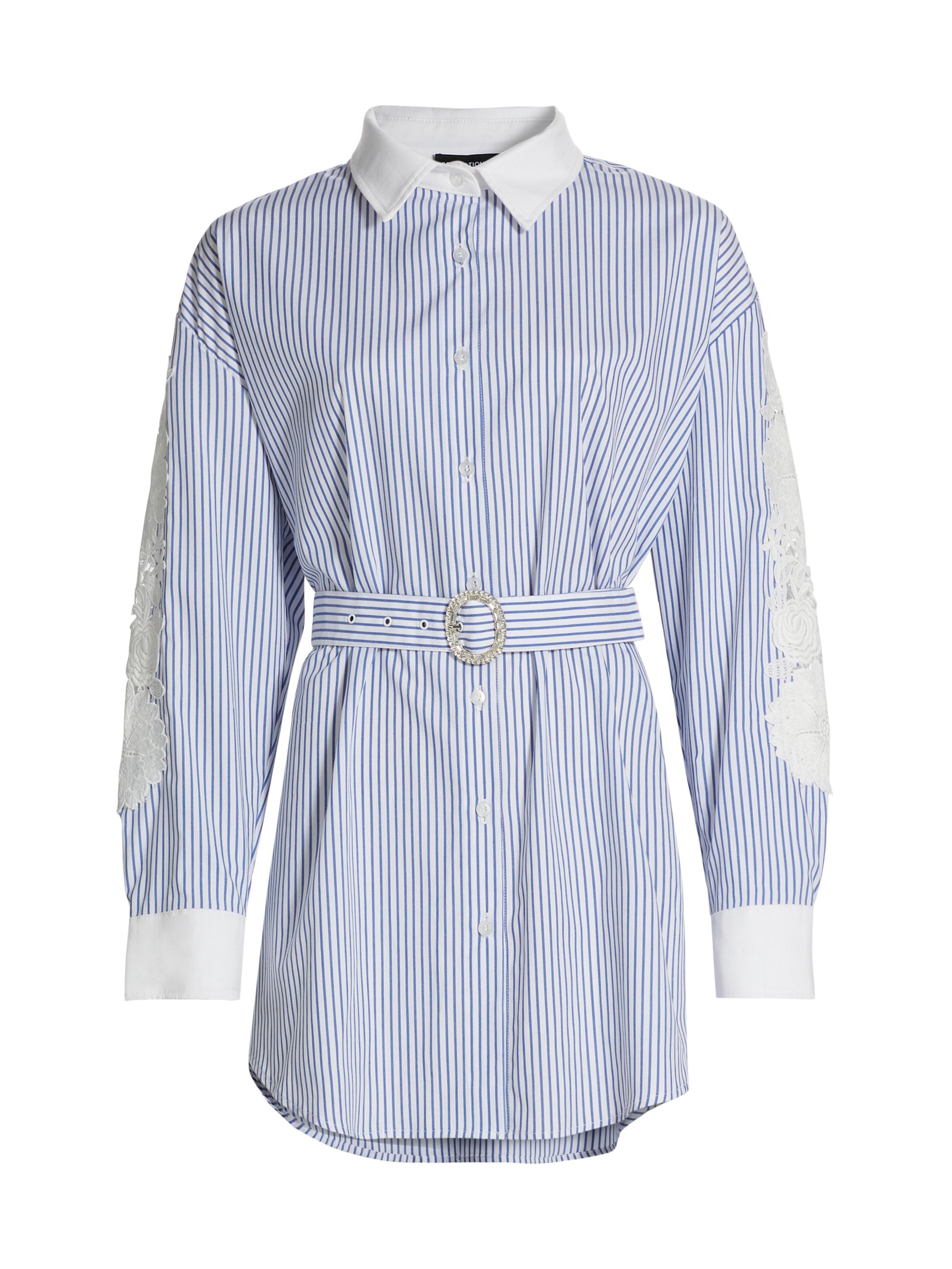 Generation Love Women's Mabel Pinstripe Lace Belted Shirtdress - Blue White