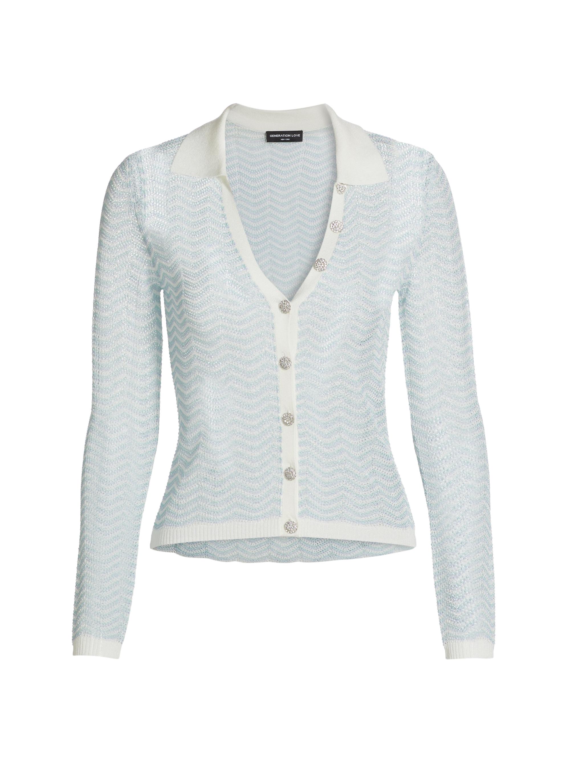 Generation Love Women's Meghan Pointelle Open-Knit Cardigan - Metallic Aqua White