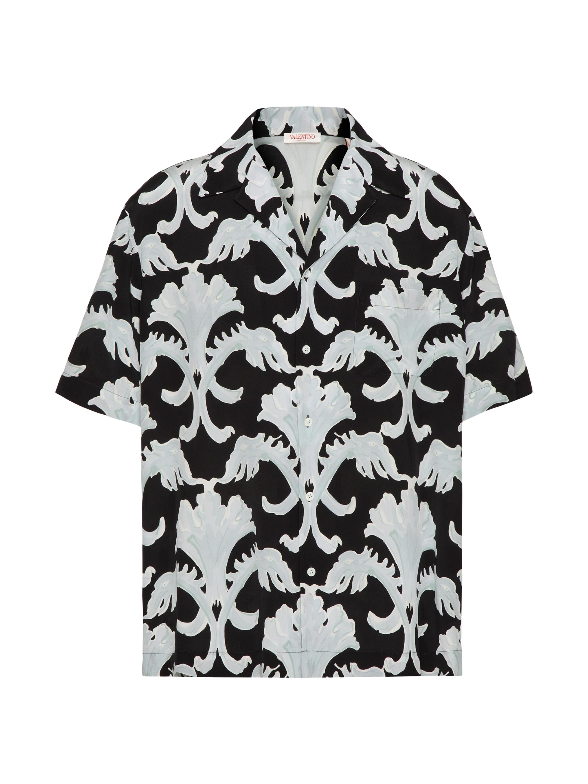 Valentino Garavani Men's Metamorphos Wall Print Silk Bowling Shirt - Black Pearl Gray