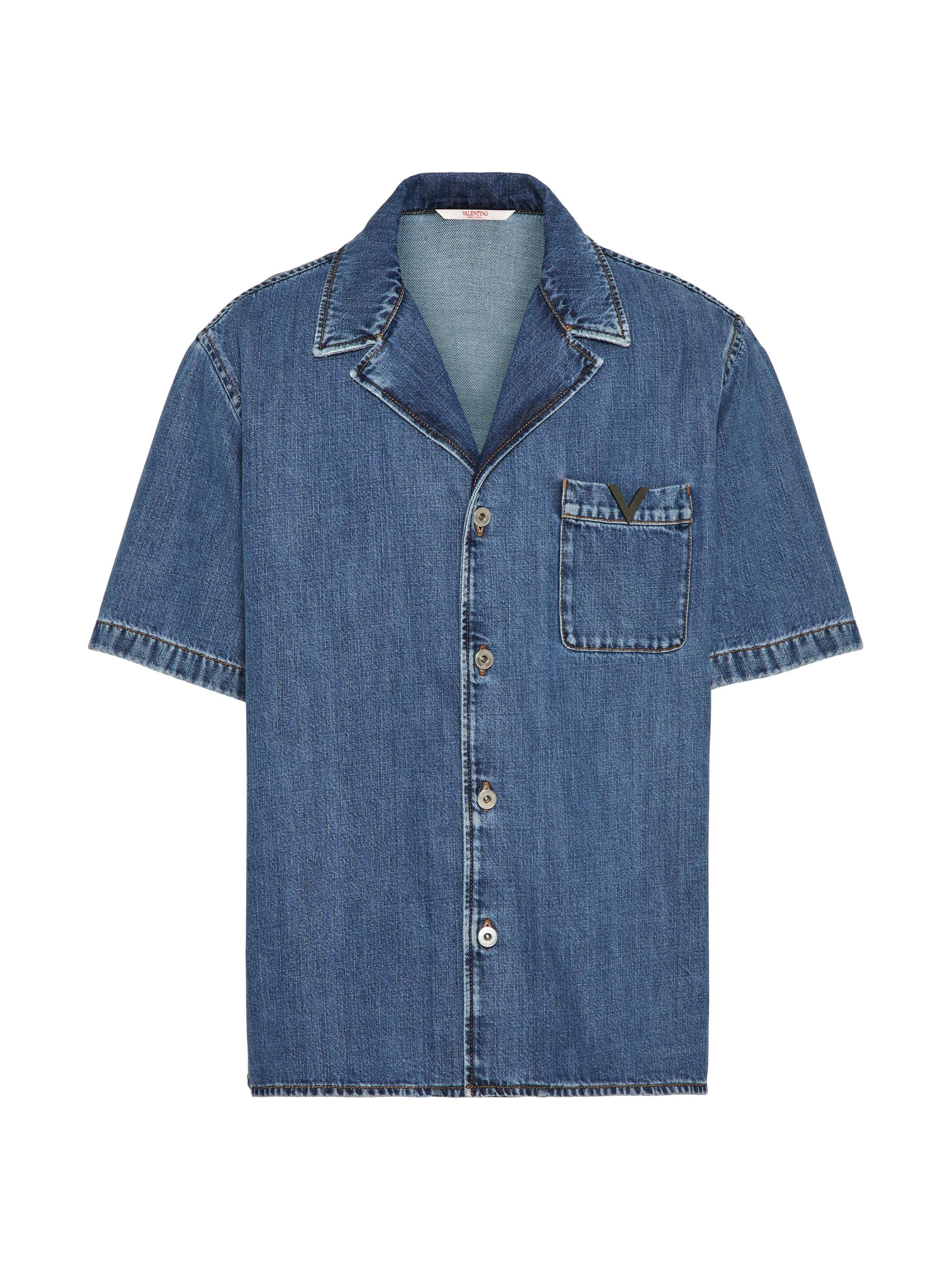 Valentino Garavani Men's Denim Bowling Shirt with Metallic V Detail - Denim Blue