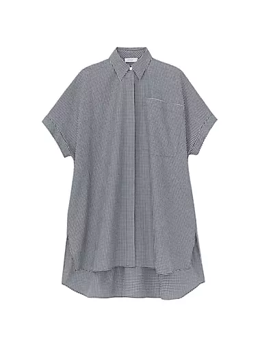 Micro Gingham Cotton Seersucker Short-Sleeve Oversized Shirt