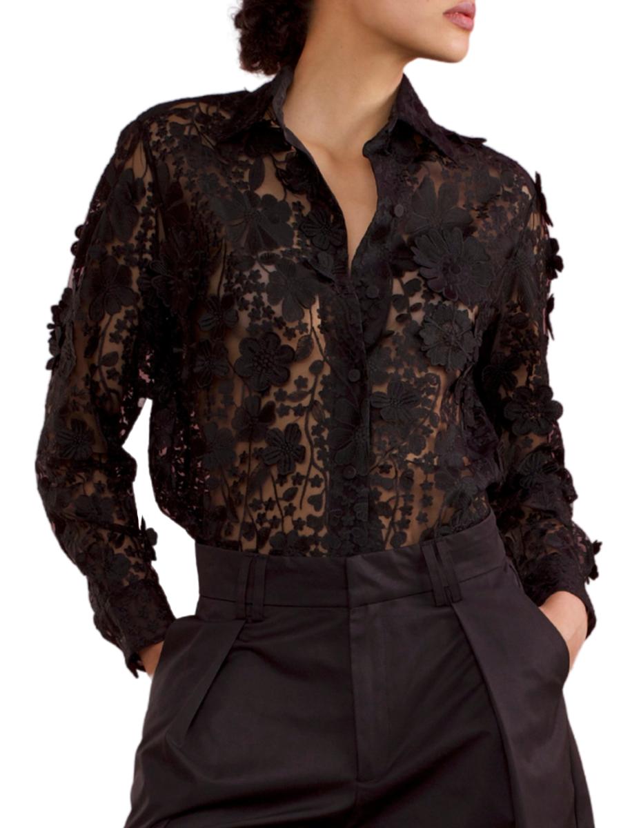 【COLOR iN ID】Medi lace button tee Lucky Brand Gauze Lace Trim Spread Collar Long Sleeve Button