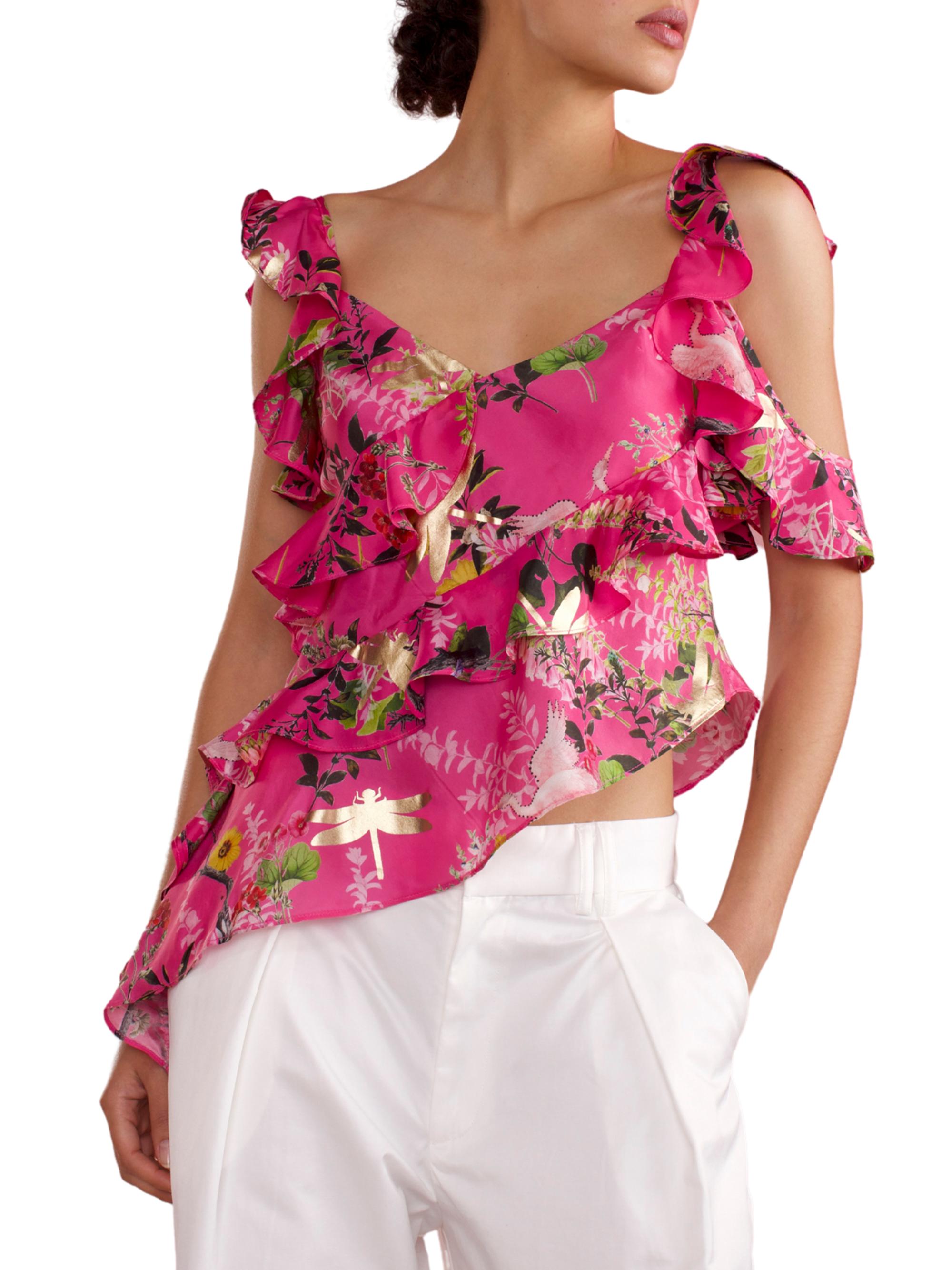 Cynthia Rowley Women's Silk Asymmetrical Hem Ruffle Blouse - Pink Floral