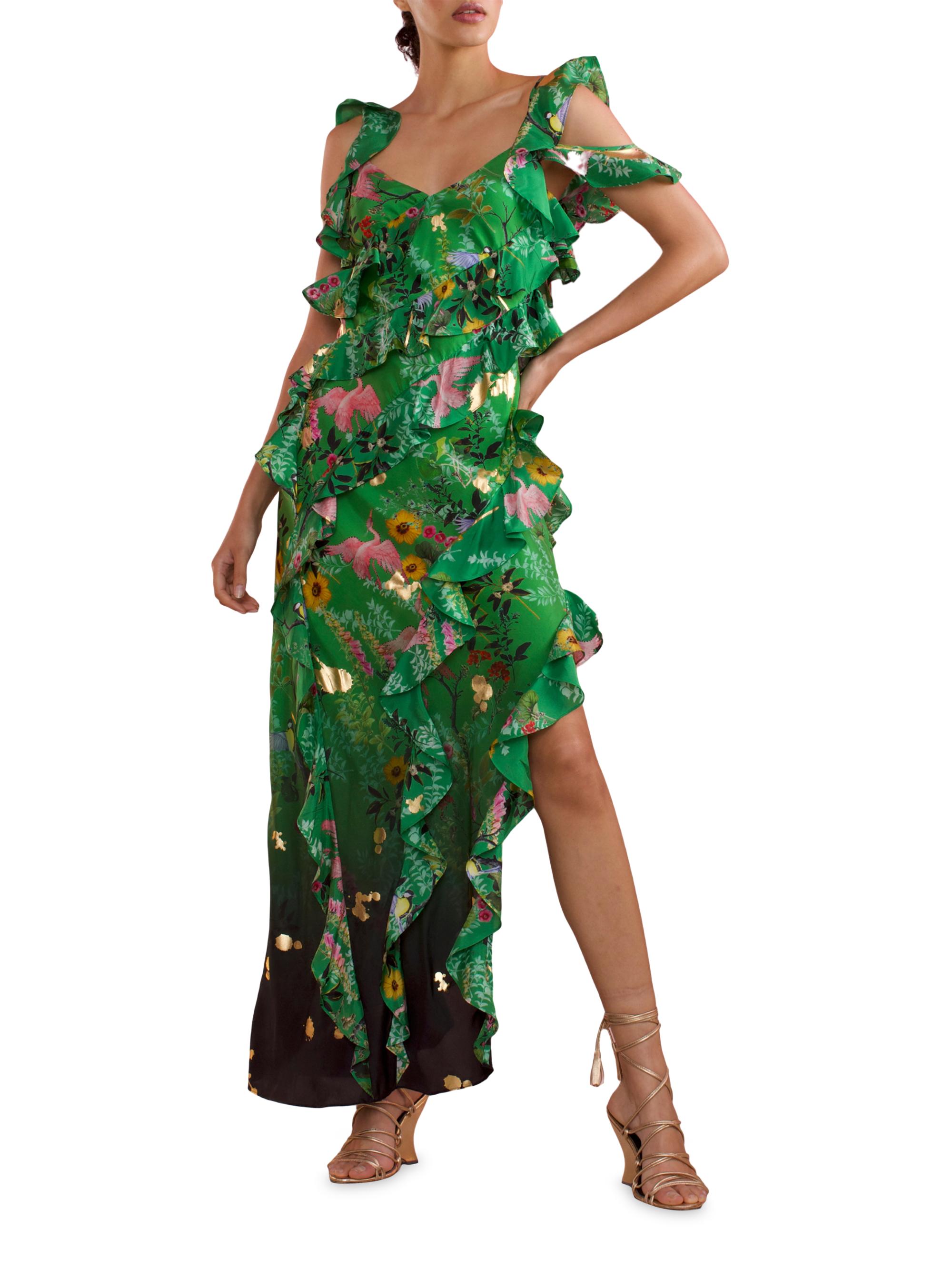 Cynthia Rowley Women's Silk Asymmetrical Hem Ruffle Maxi Dress - Green Floral
