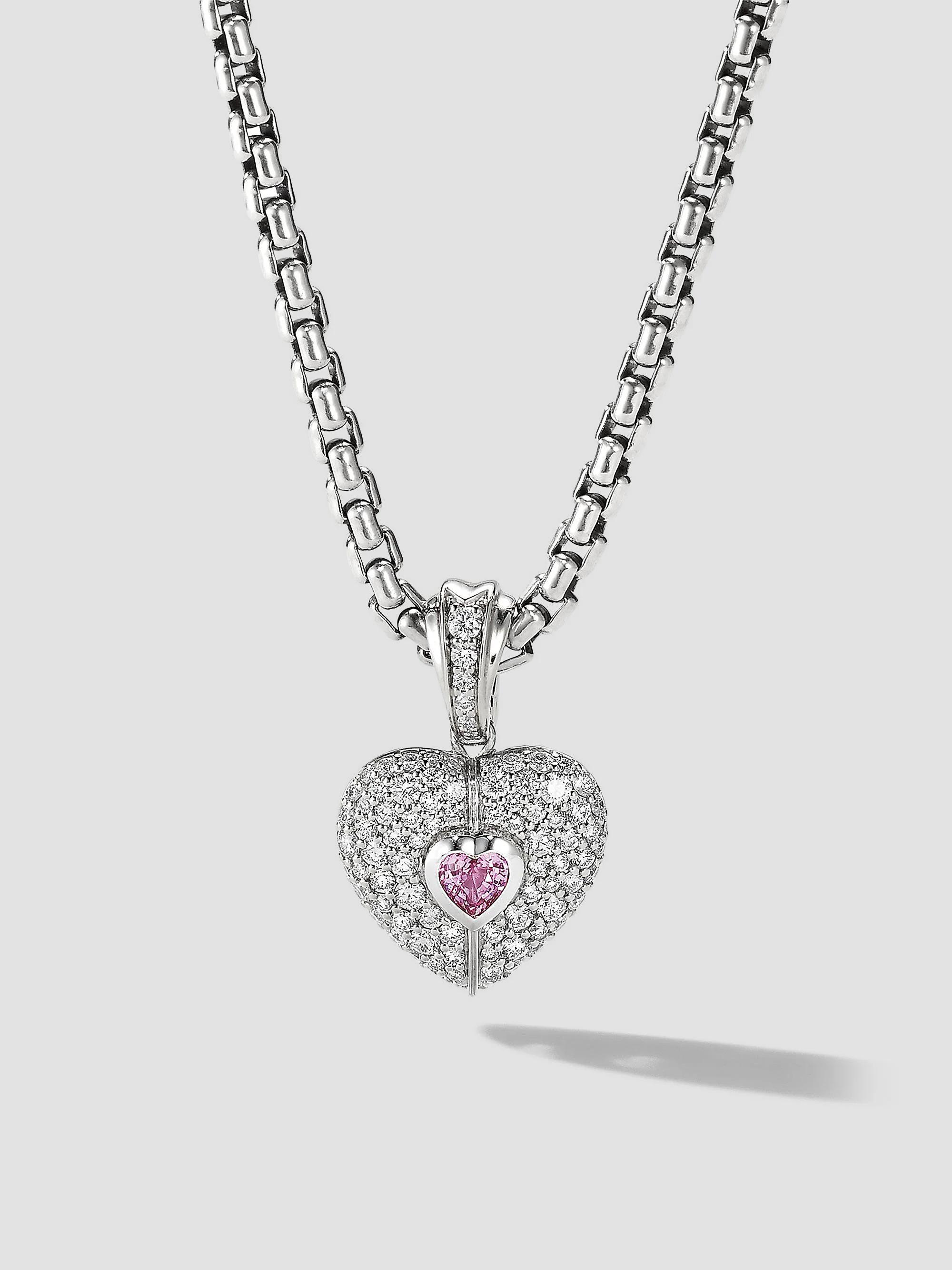 David Yurman Women's Heart Amulet in 18K White Gold with Diamonds and Pink Sapphire, 20MM - Pink Sapphire