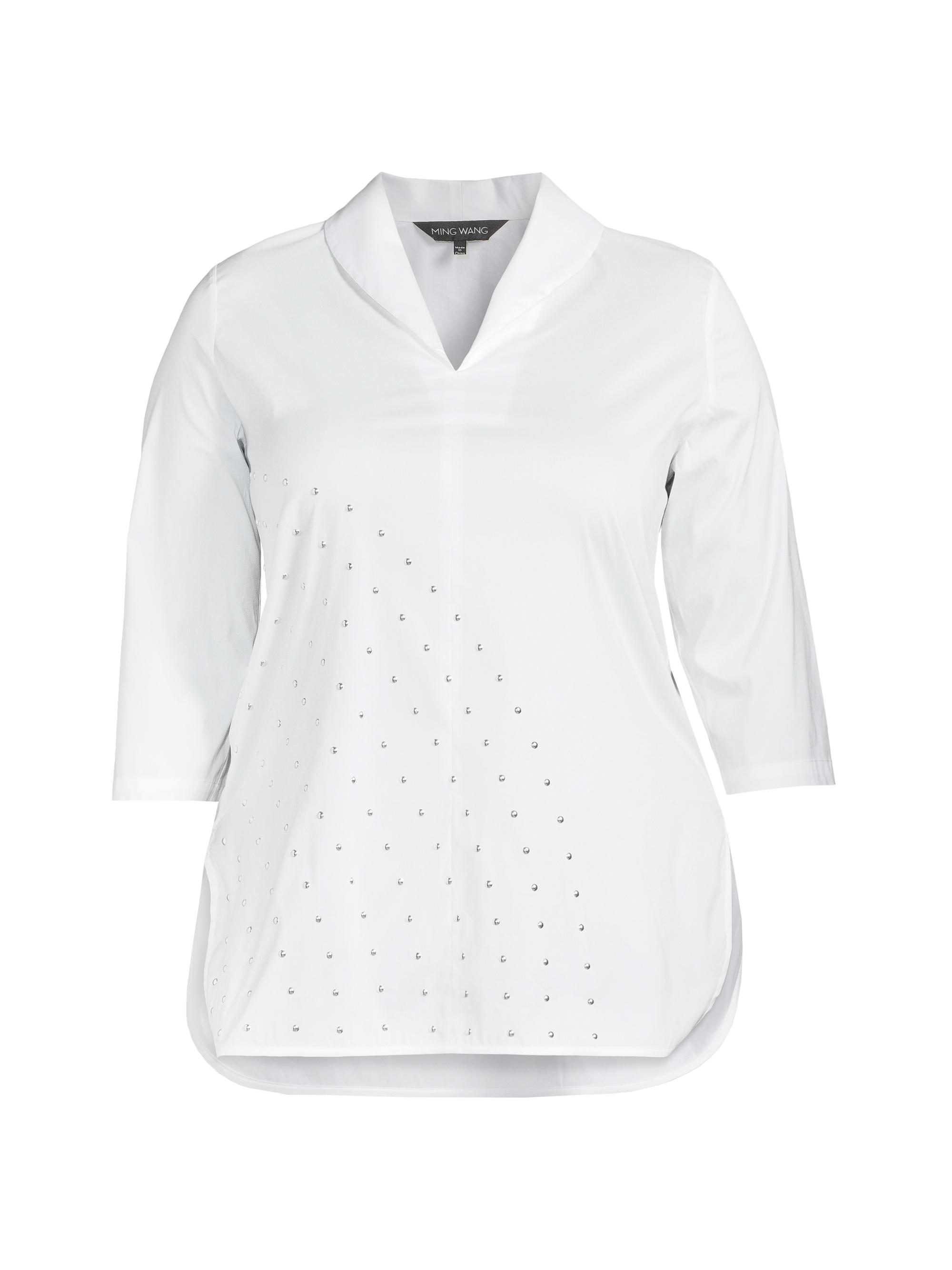 Ming Wang Women's Studded Cotton-Blend Shawl-Collar Top - White