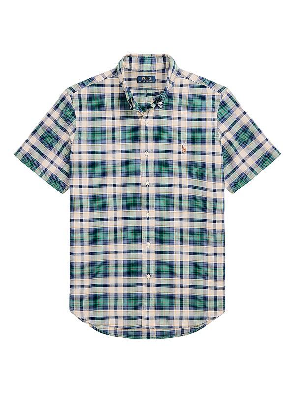 polo ralph lauren short sleeve dress shirts Men's Short-Sleeve Featherweight Shirt - Carmel Pink Spread collar Short sleeves Button front Shirttail hem Linen Machine wash Imported SIZE Polo Ralph Lauren Men's Classic-Fit