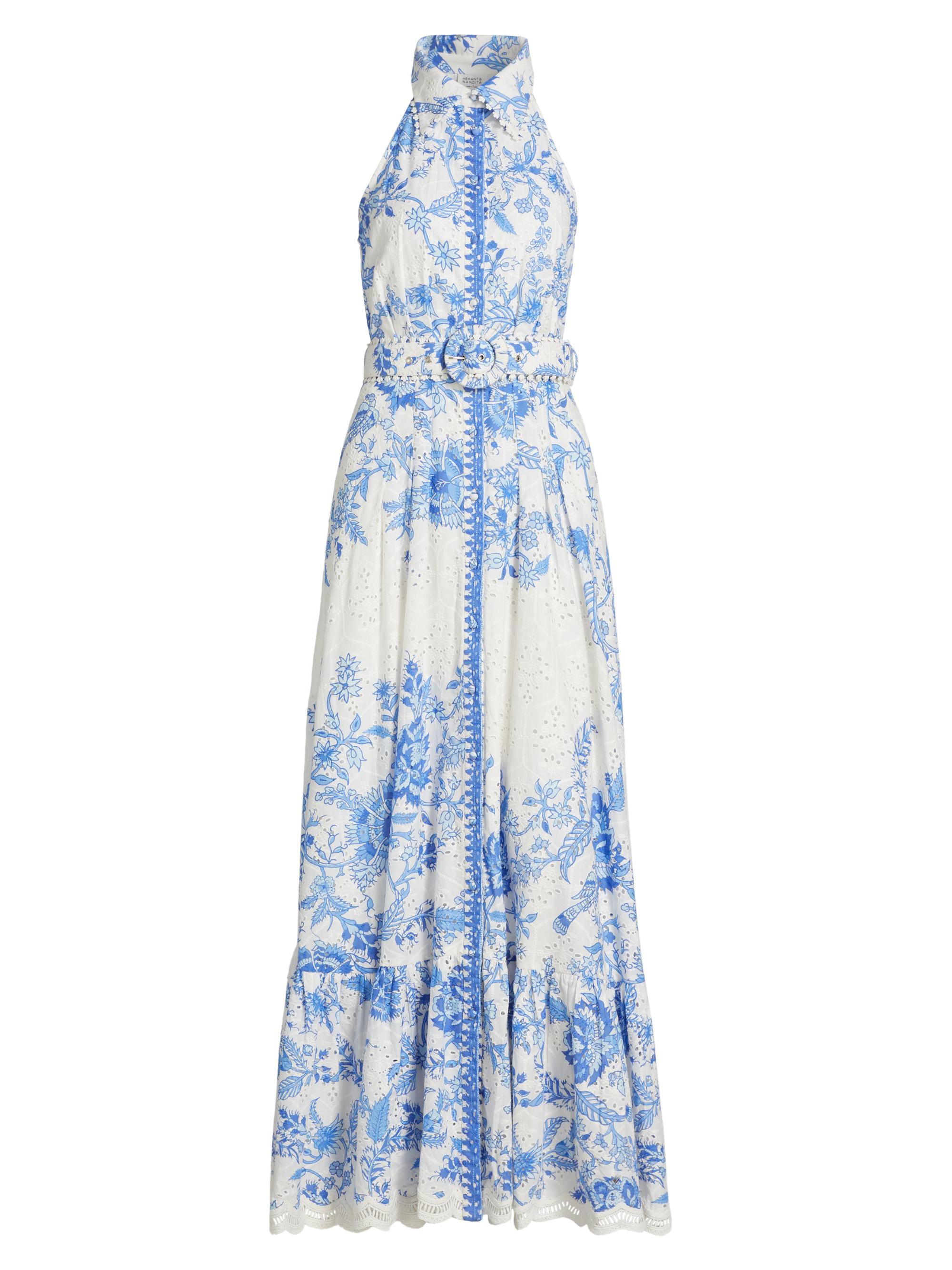 Hemant & Nandita Women's Floral Cotton Halter Maxi Dress - Blue White