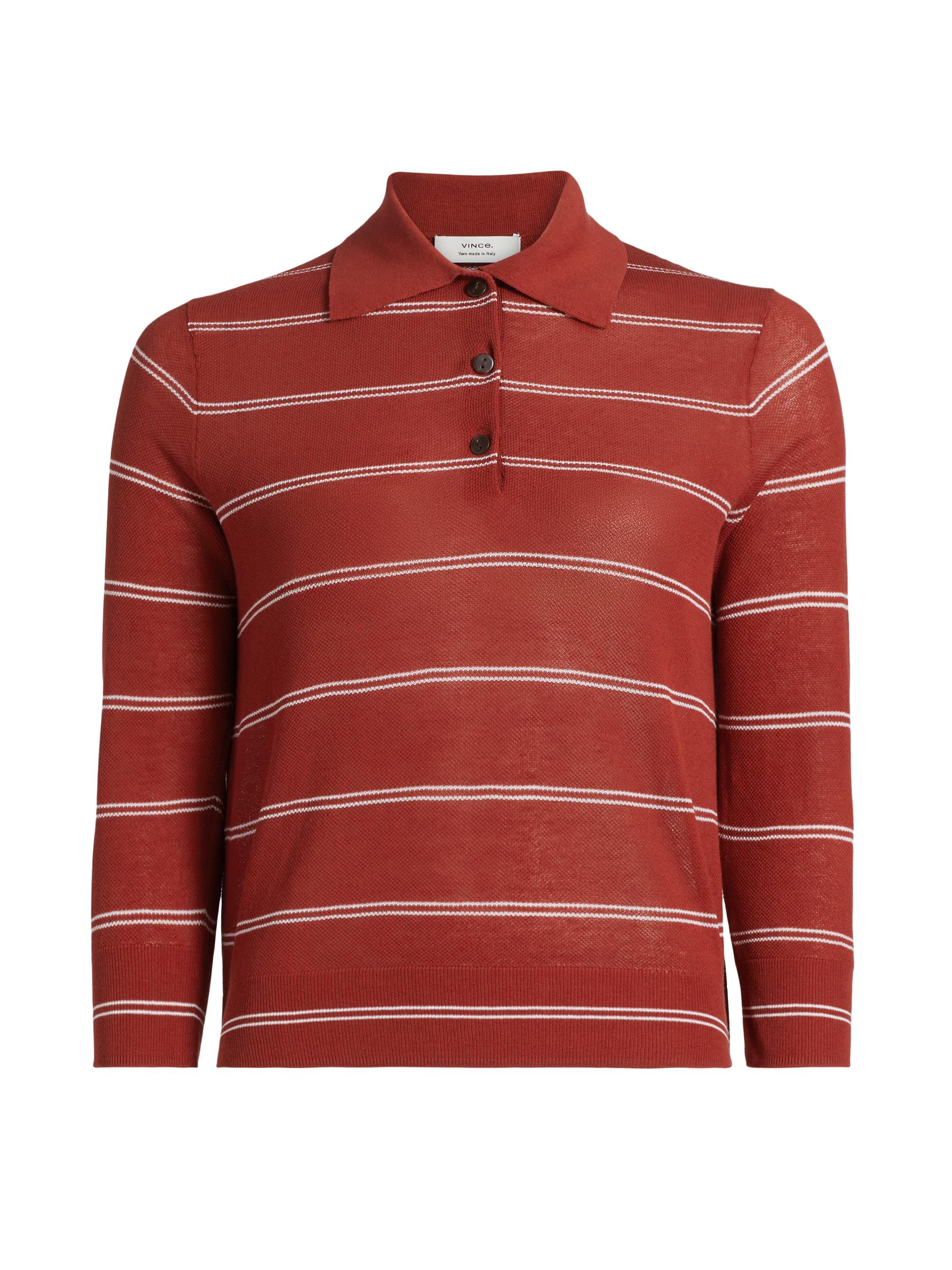 Vince Women's Striped Pique Cotton Polo Tee - Brick Rose Off White