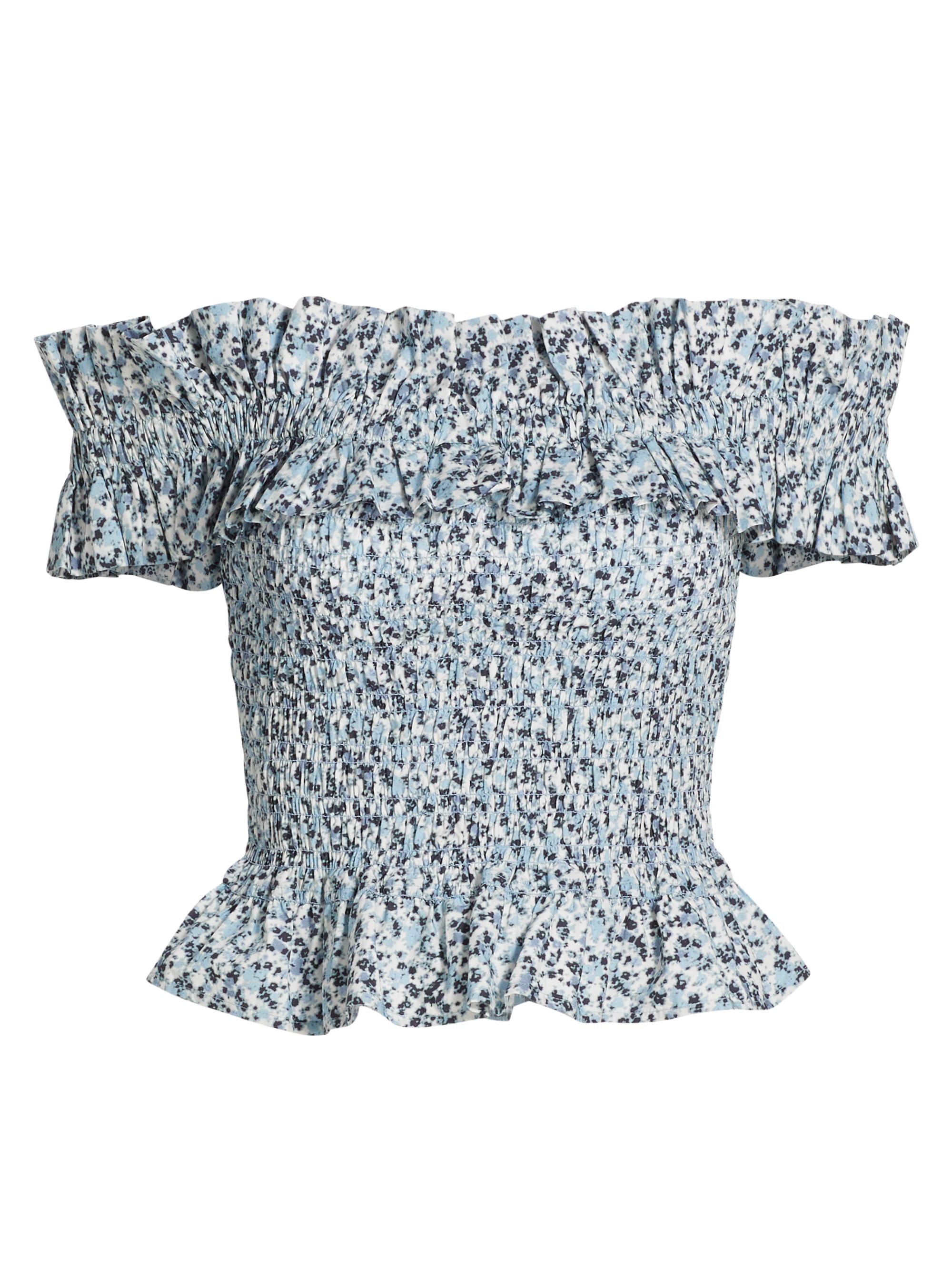 Ganni Women's Floral Cotton Off-The-Shoulder Smocked Top - Glacier Lake