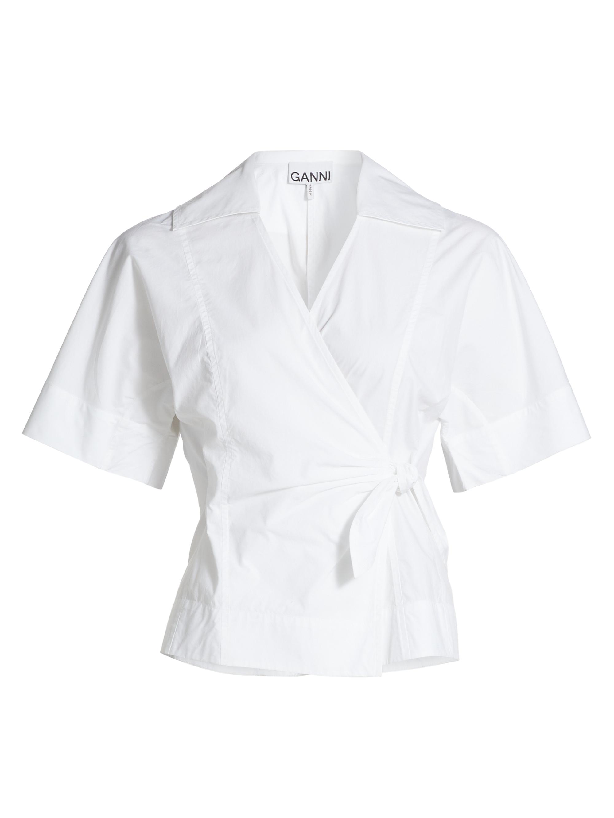 Ganni Women's Cotton Poplin Wrap Top - Bright White