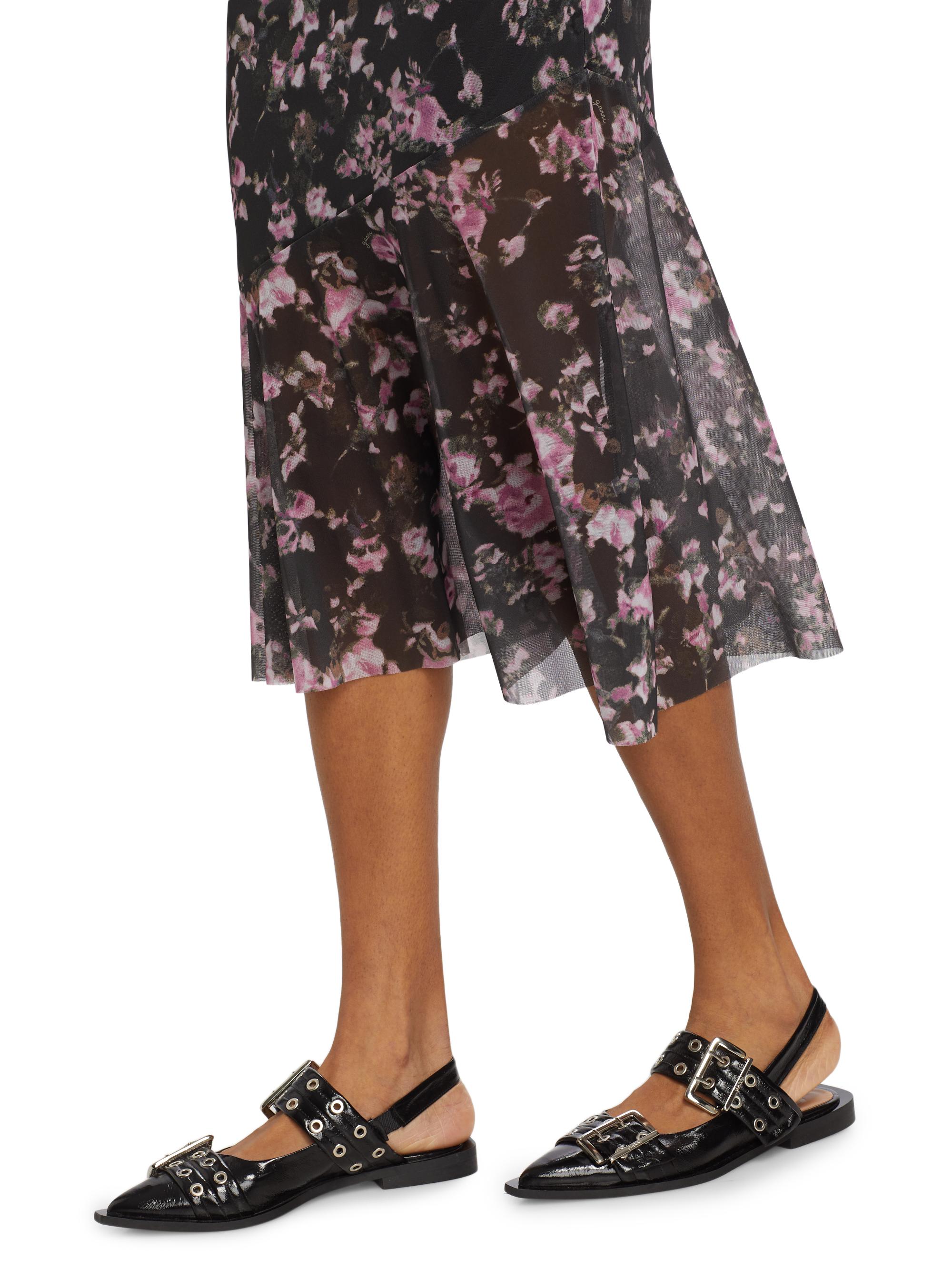 knee length dresses for ladies Ganni Ruched Mesh Mini Dress Navy Floral Print Size 40 Long Sleeve Zip –  Celebrity Owned
