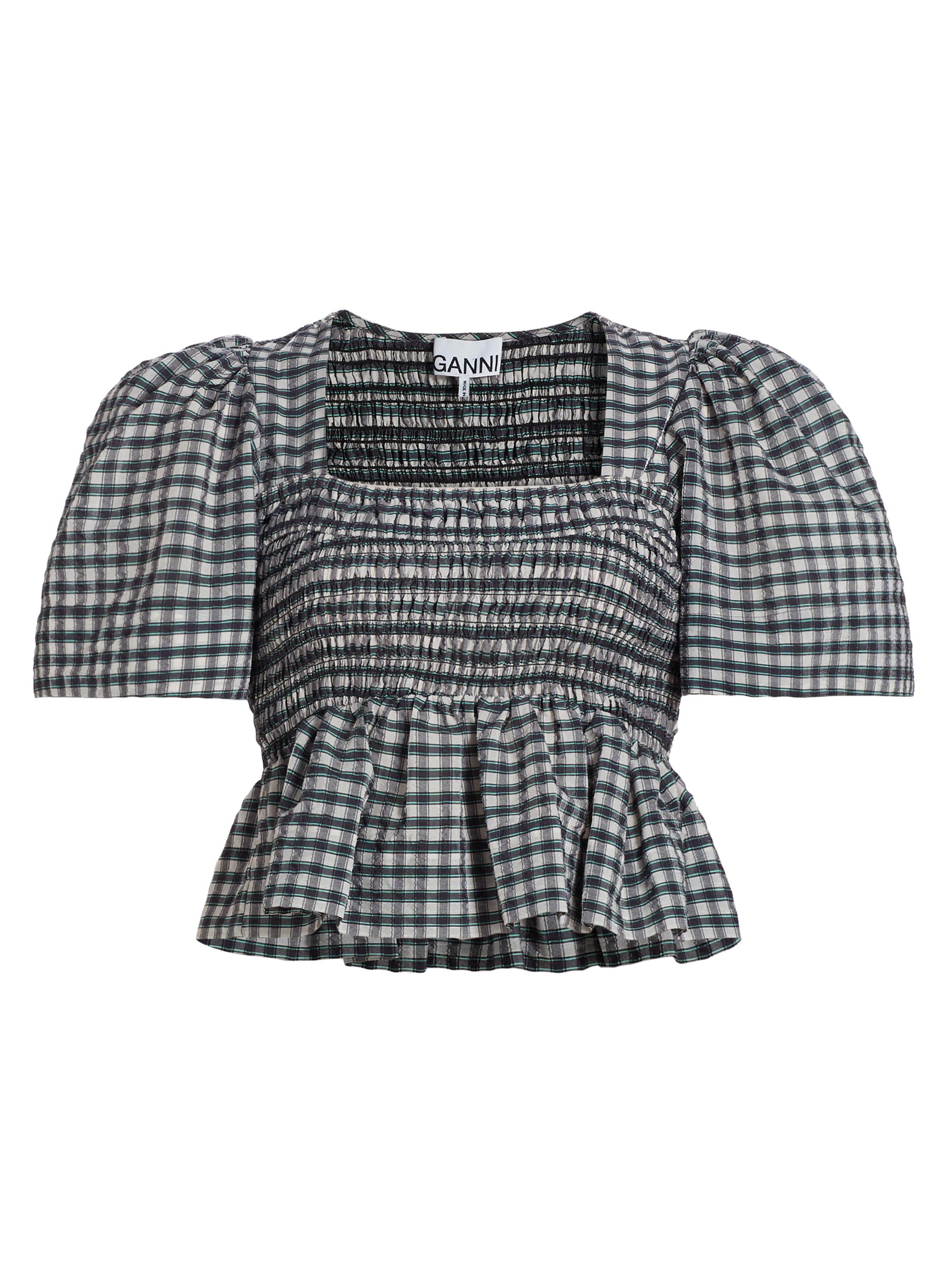 Ganni Women's Check Seersucker Peplum Blouse - Egret