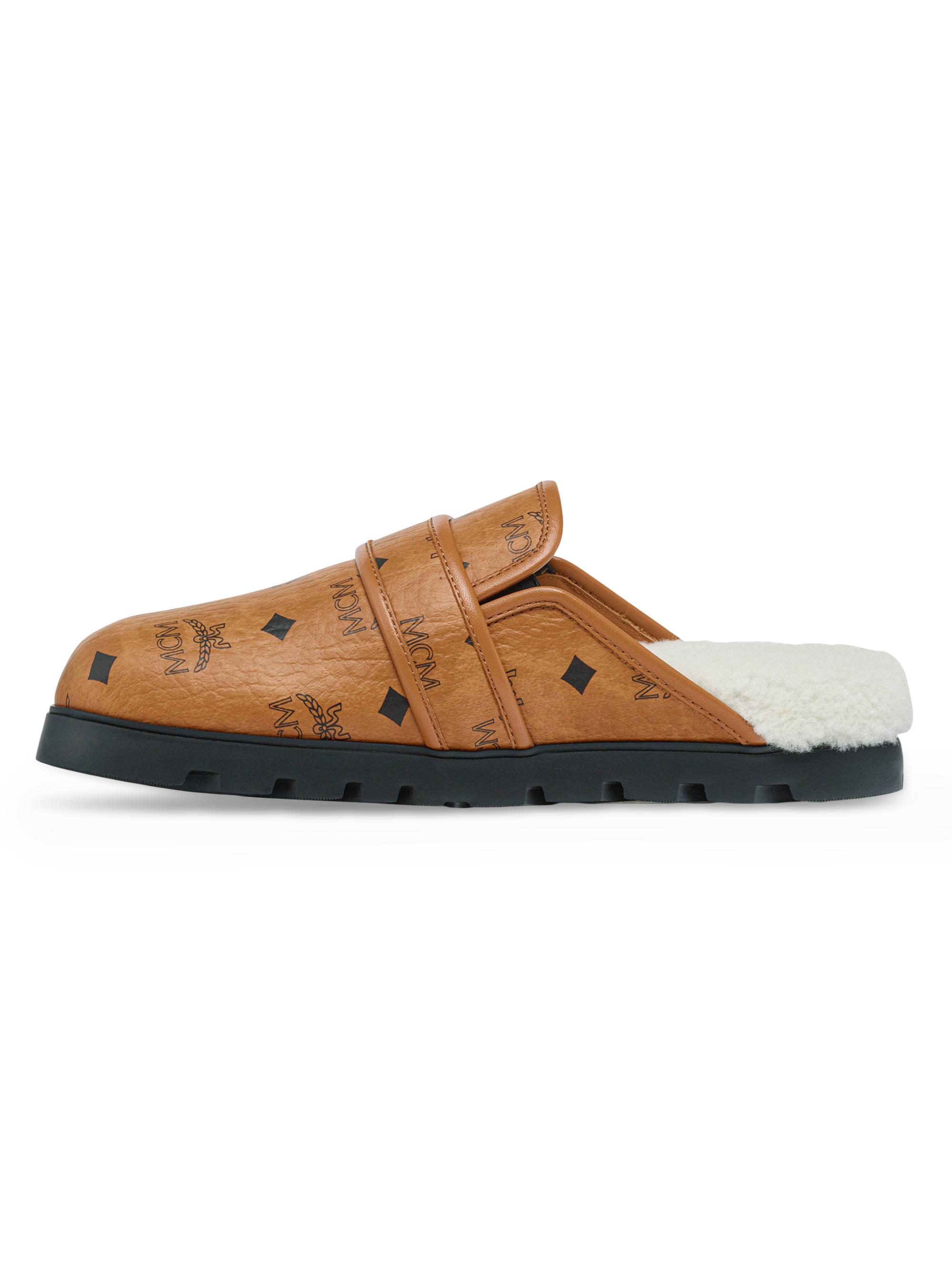 MCM Women's Shearling-Lined Logo Leather Mules - Cognac