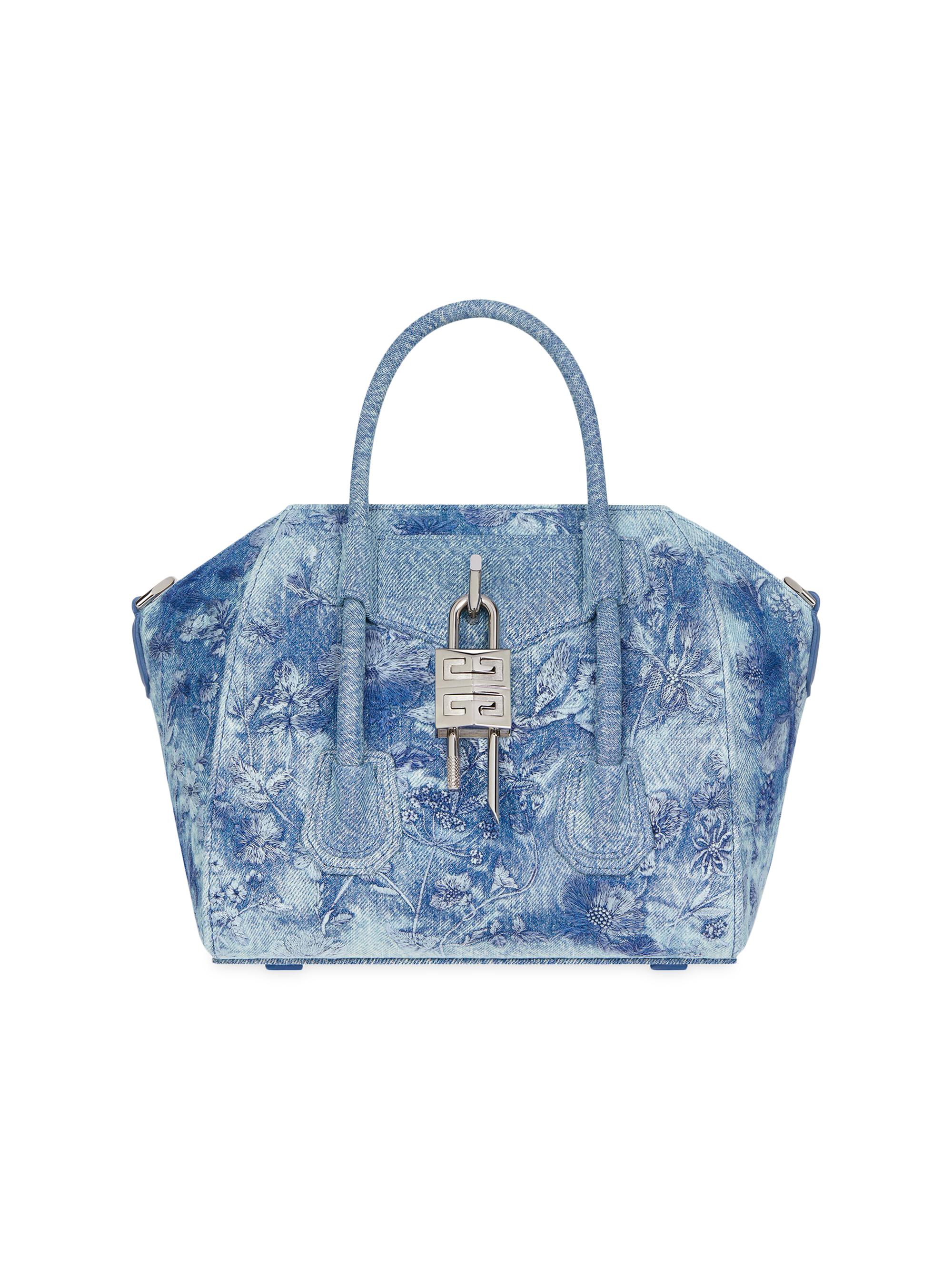 Givenchy Women's Mini Antigona Lock Top Handle Bag in Washed Embroidered Denim - Blue