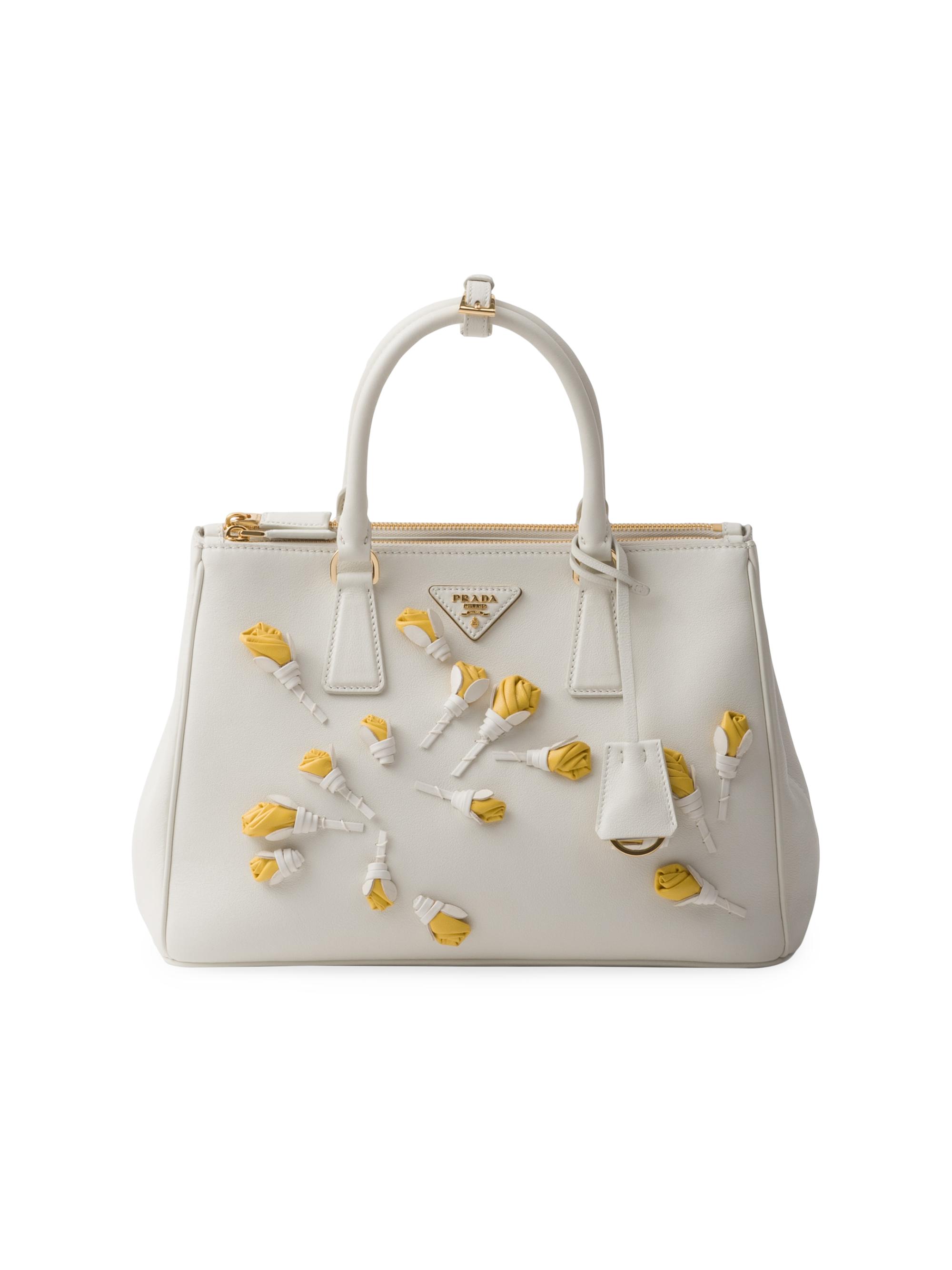 Prada Women's  Galleria Leather Bag with Floral Appliqués - White