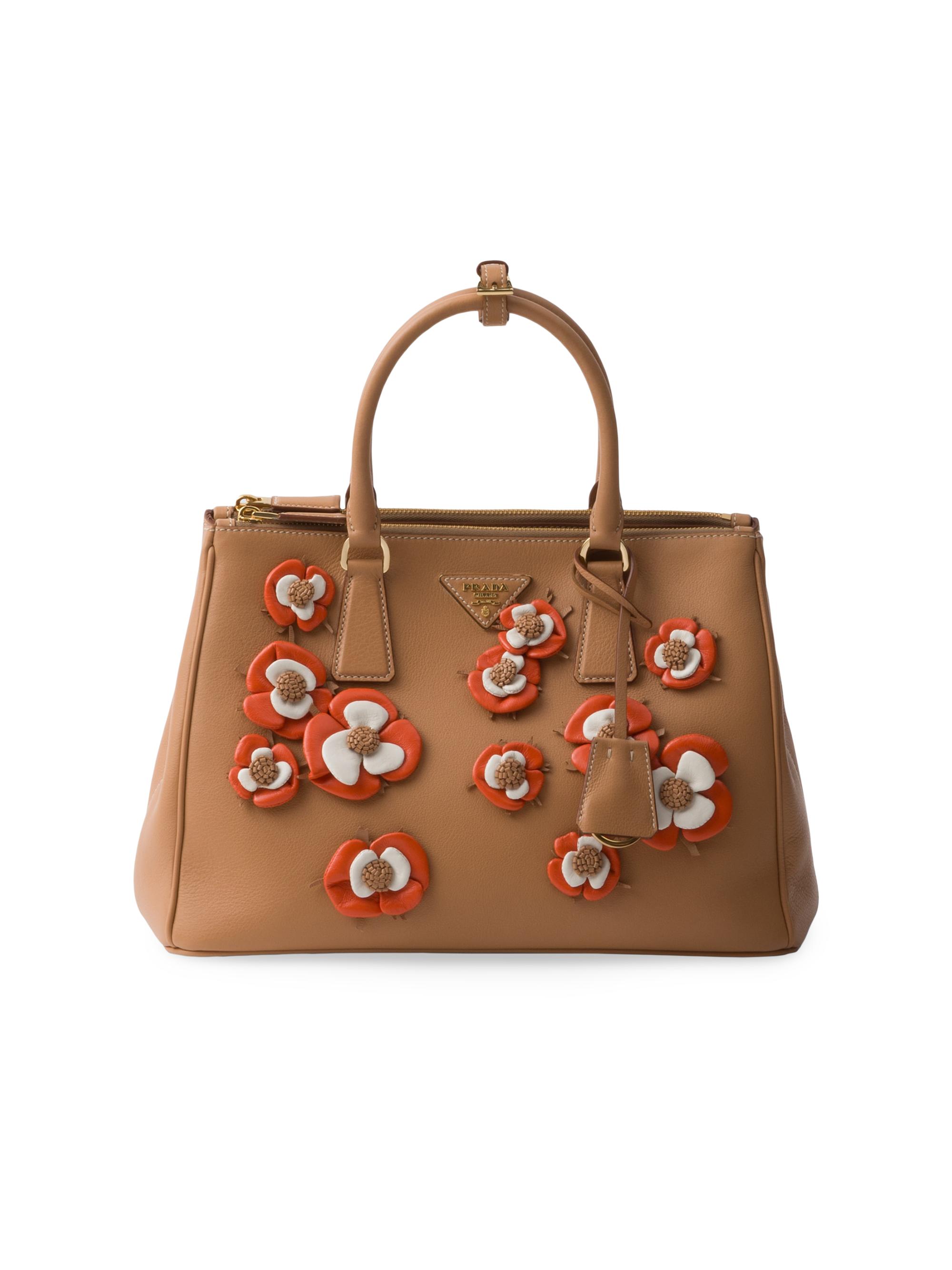 Prada Women's  Galleria Leather Bag with Floral Appliqués - Beige Khaki