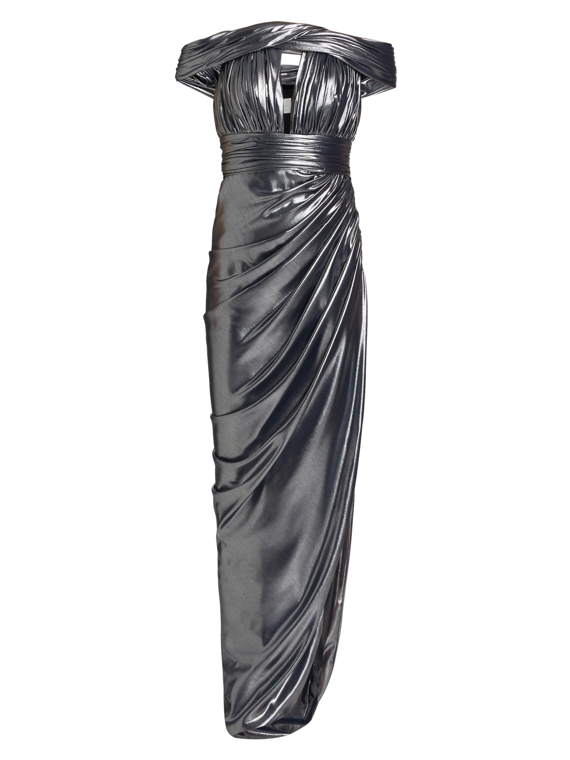 Pamella Roland Women's Pleated Metallic Asymmetric Gown - Gunmetal