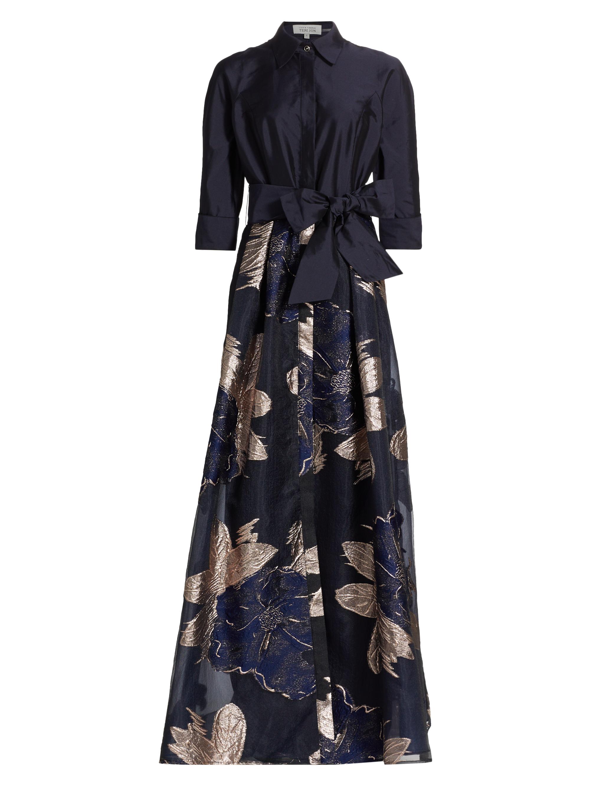 Teri Jon by Rickie Freeman Women's Burnout Floral Taffeta Shirtwaist Gown - Navy Multi