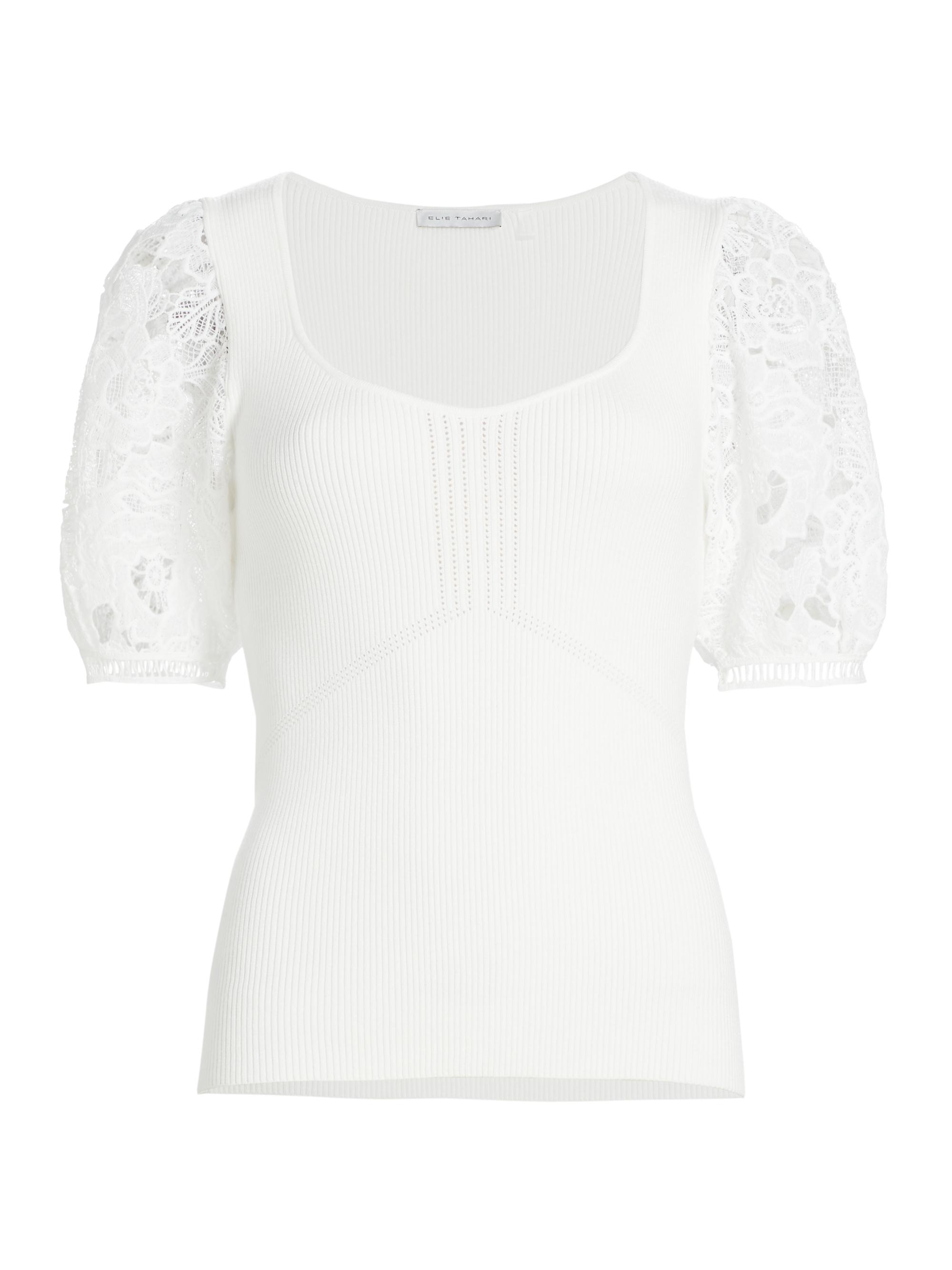 Elie Tahari Women's Arabella Lace-Sleeve Knit Blouse - Sky White