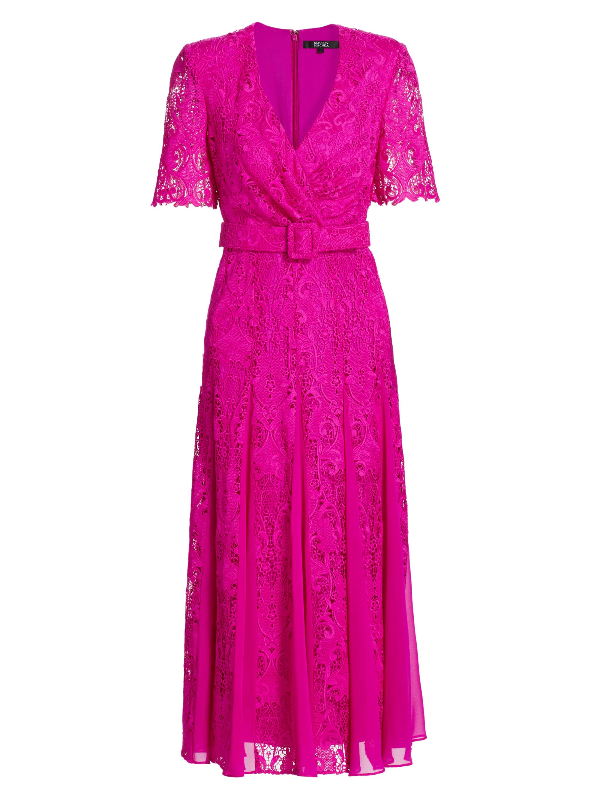 Badgley Mischka Women's Lace Georgette Belted Midi-Dress - Fuchsia
