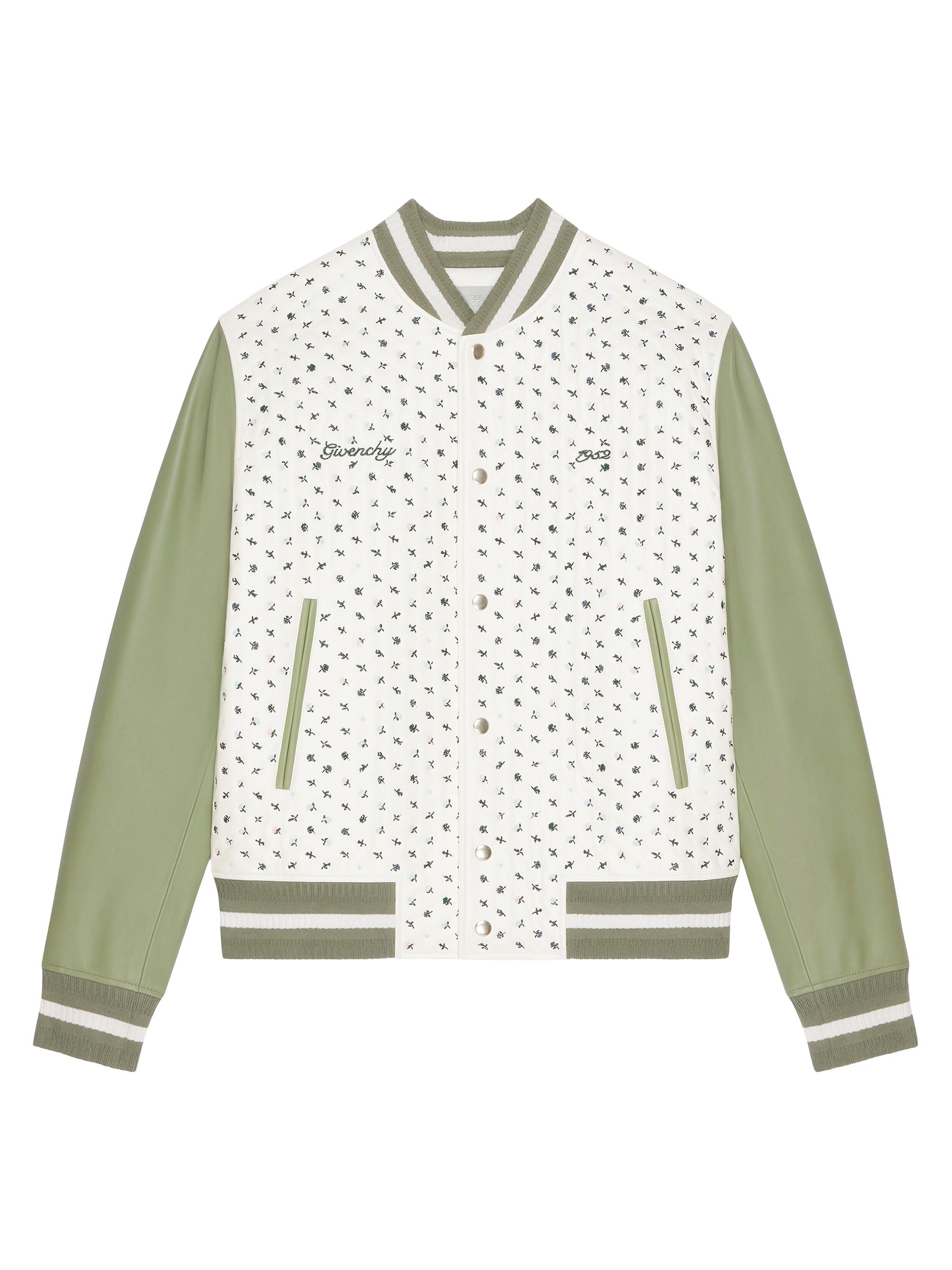 Givenchy Men's Varsity Jacket in Leather with Floral Embroidery - Almond Green