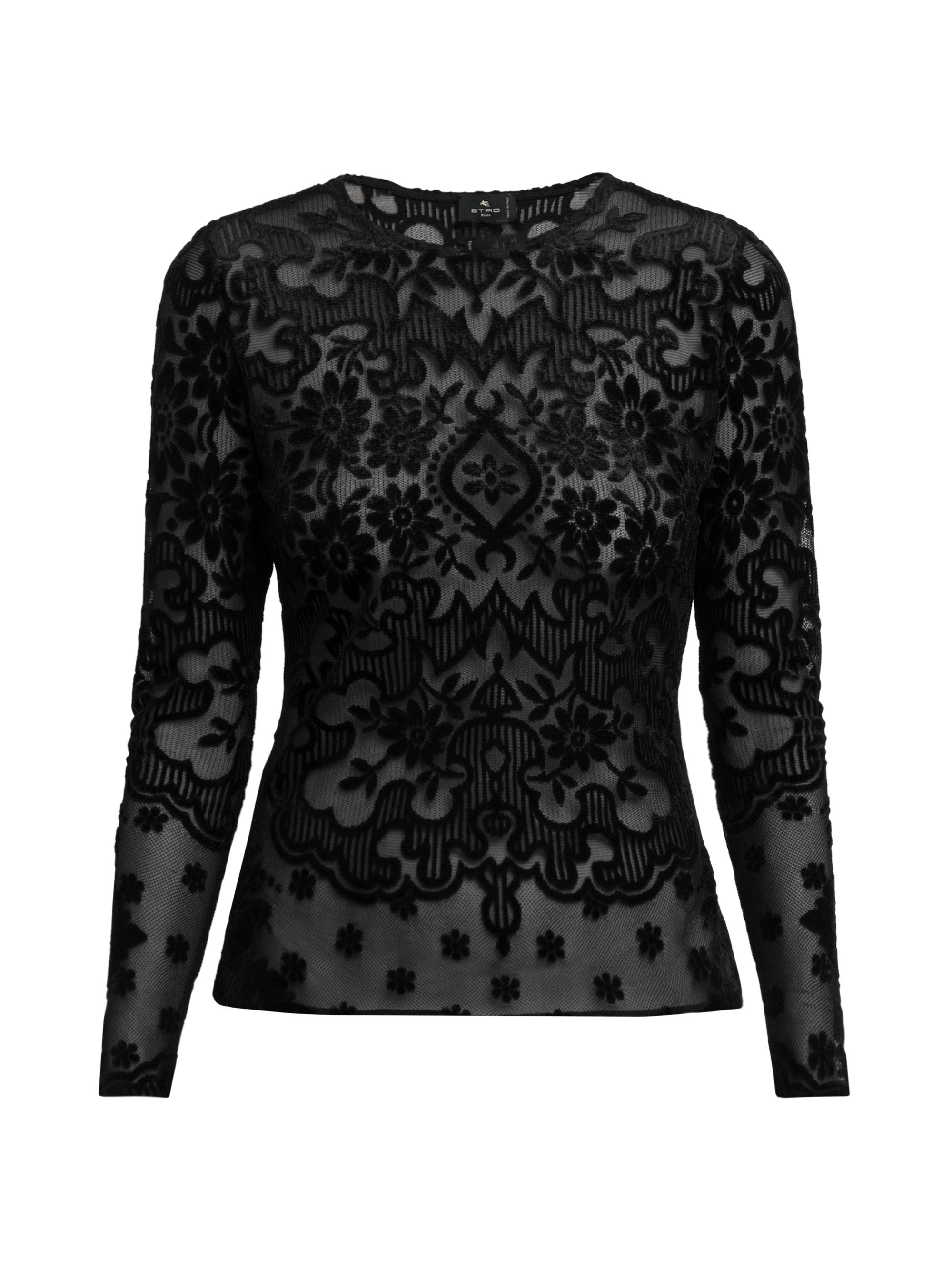 Etro Women's Floral Velvet Mesh Long-Sleeve Top - Black