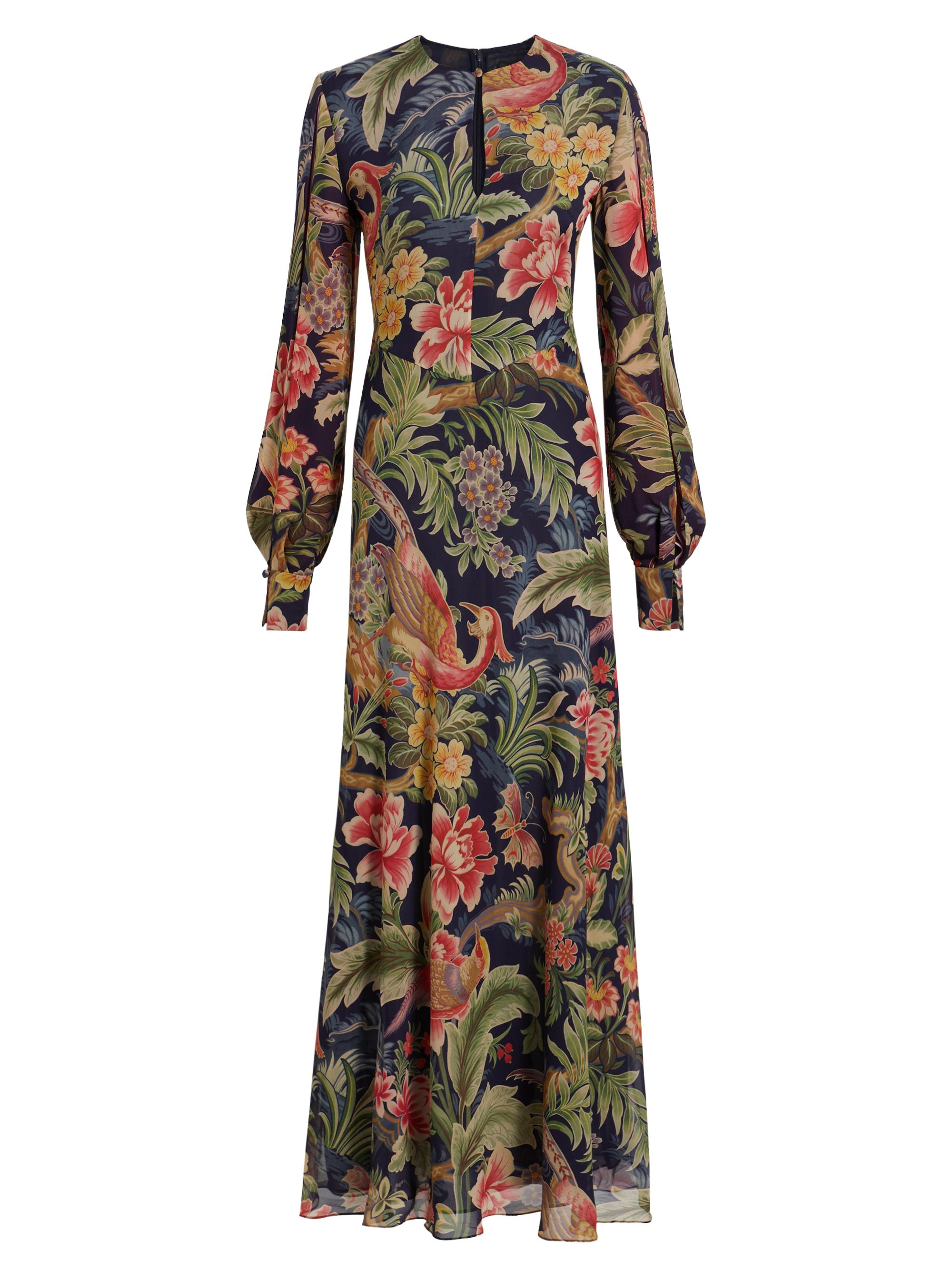 Floral Silk Blouson-Sleeve Maxi Dress