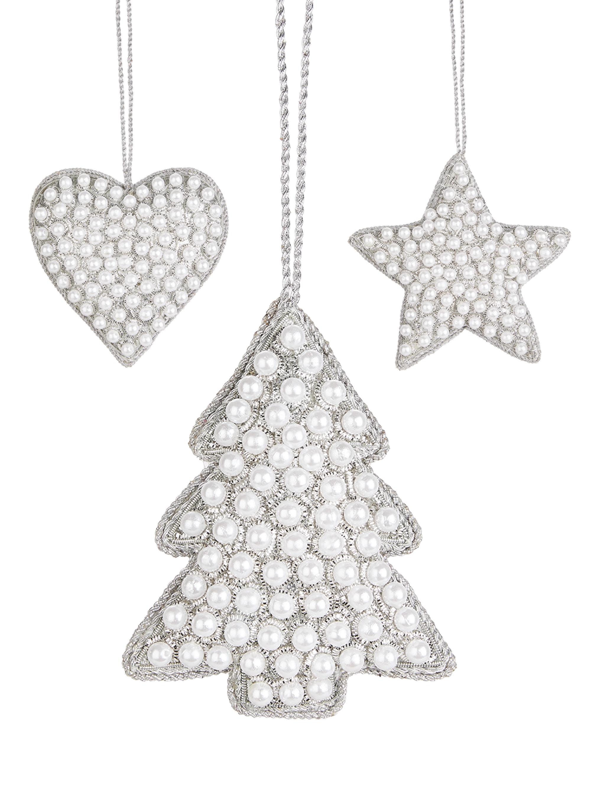 Sudha Pennathur Holiday Metallic & Imitation Pearl Heart, Tree, & Star 3-Piece Ornament Set - Silver