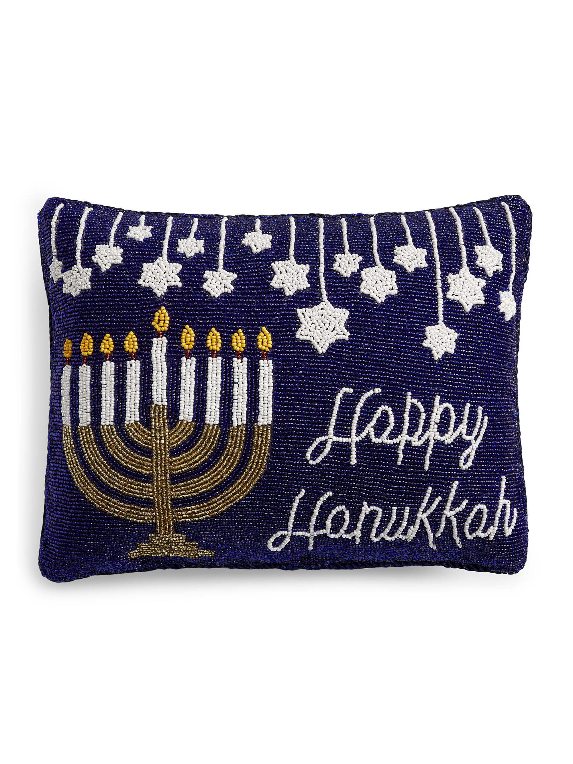 Sudha Pennathur Happy Hanukkah Beaded Velvet Pillow - Blue