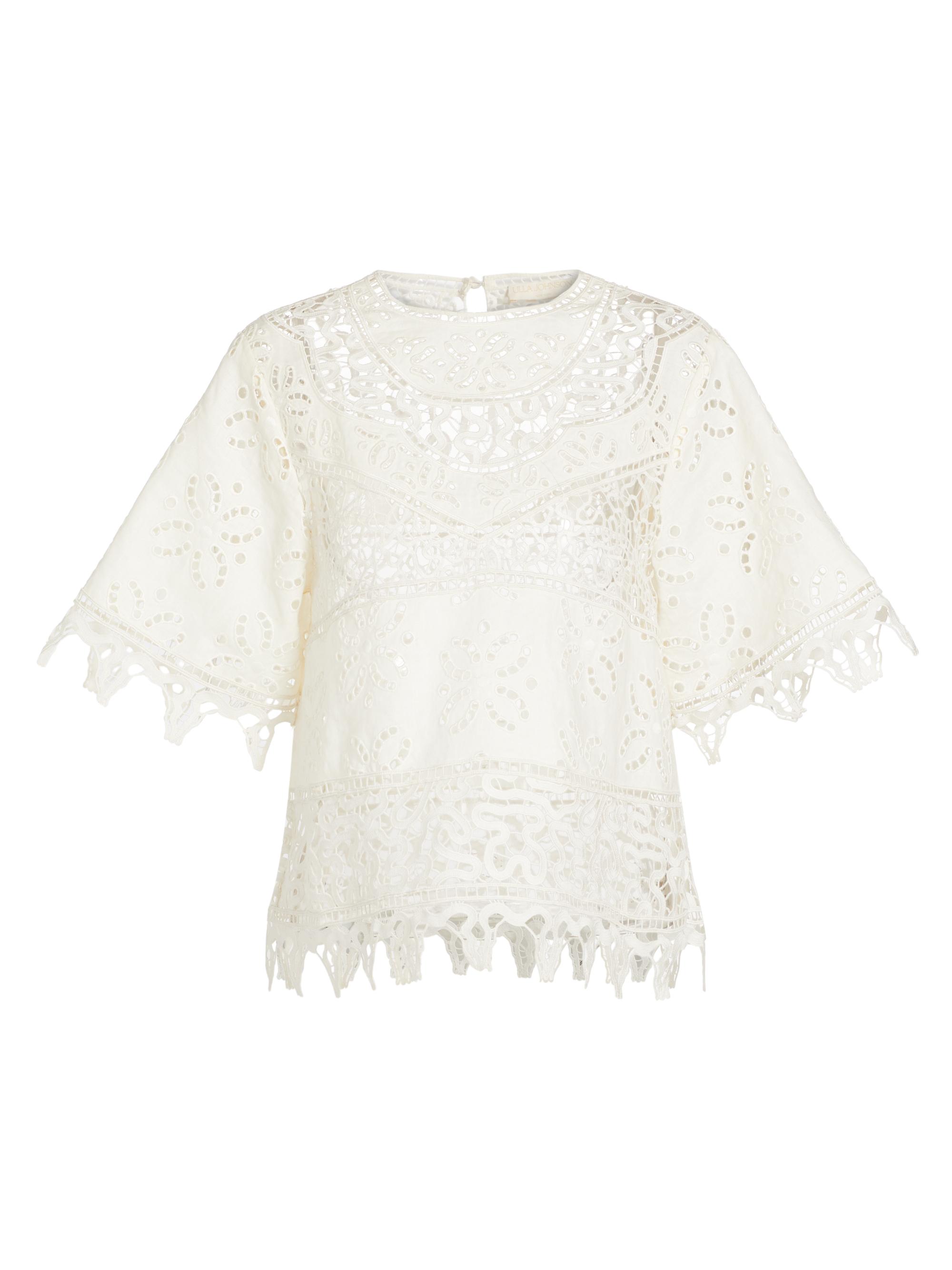 Ulla Johnson Women's Aria Patchwork Linen & Eyelet Lace Blouse - Pristine
