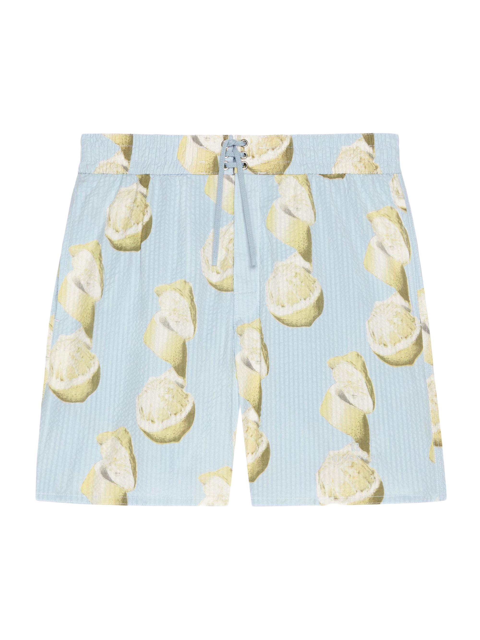 Givenchy Men's Plage Printed Swim Shorts in Cotton Seersucker - Blue Multi