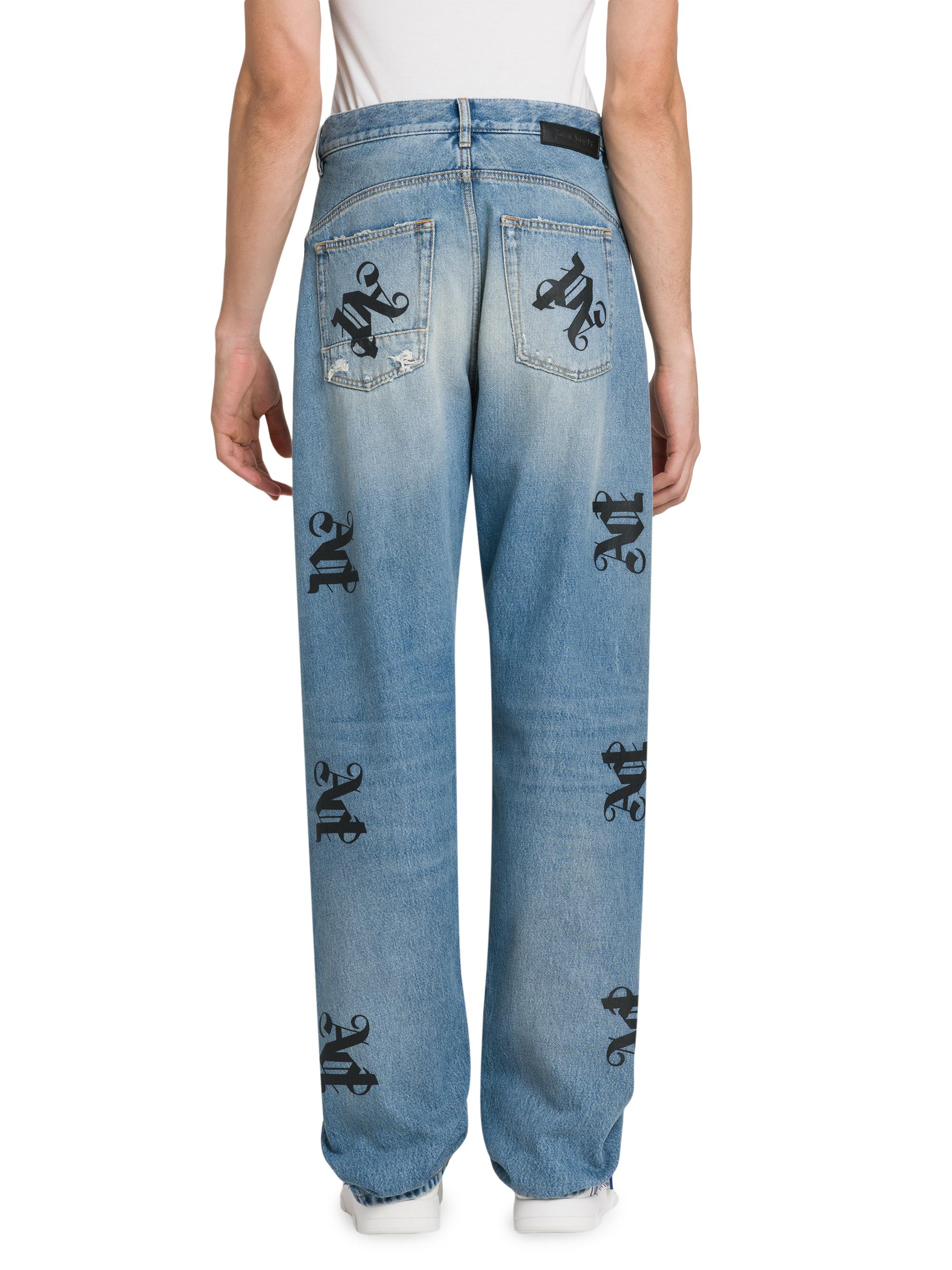 【関税&送料込】Palm Angels Wide Jeans In Pinkish Denim Palm Angels Monogram Series Distressed Denim Straight-Leg