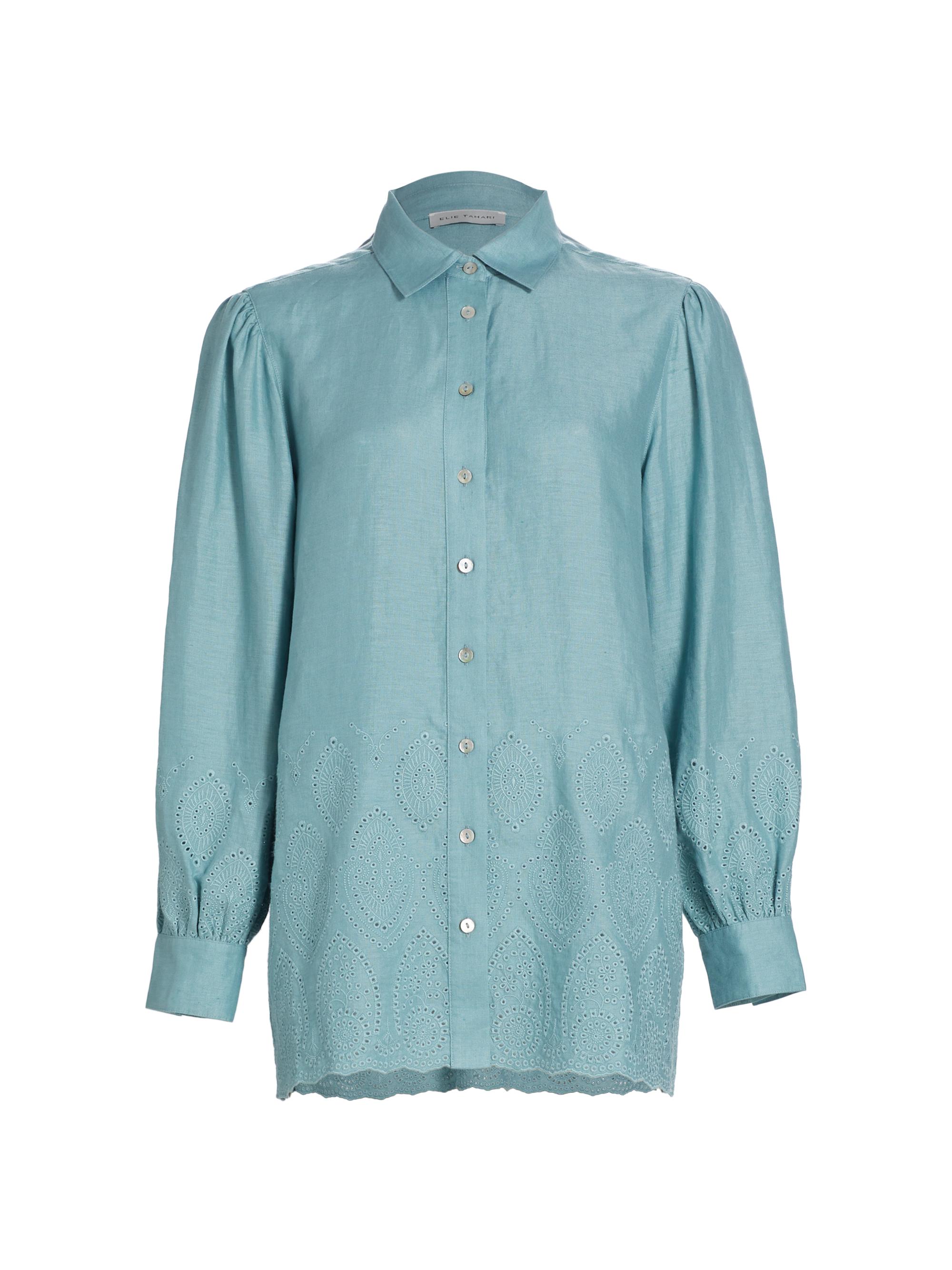 Elie Tahari Women's Lesley Linen Eyelet Shirt - Blue Breeze