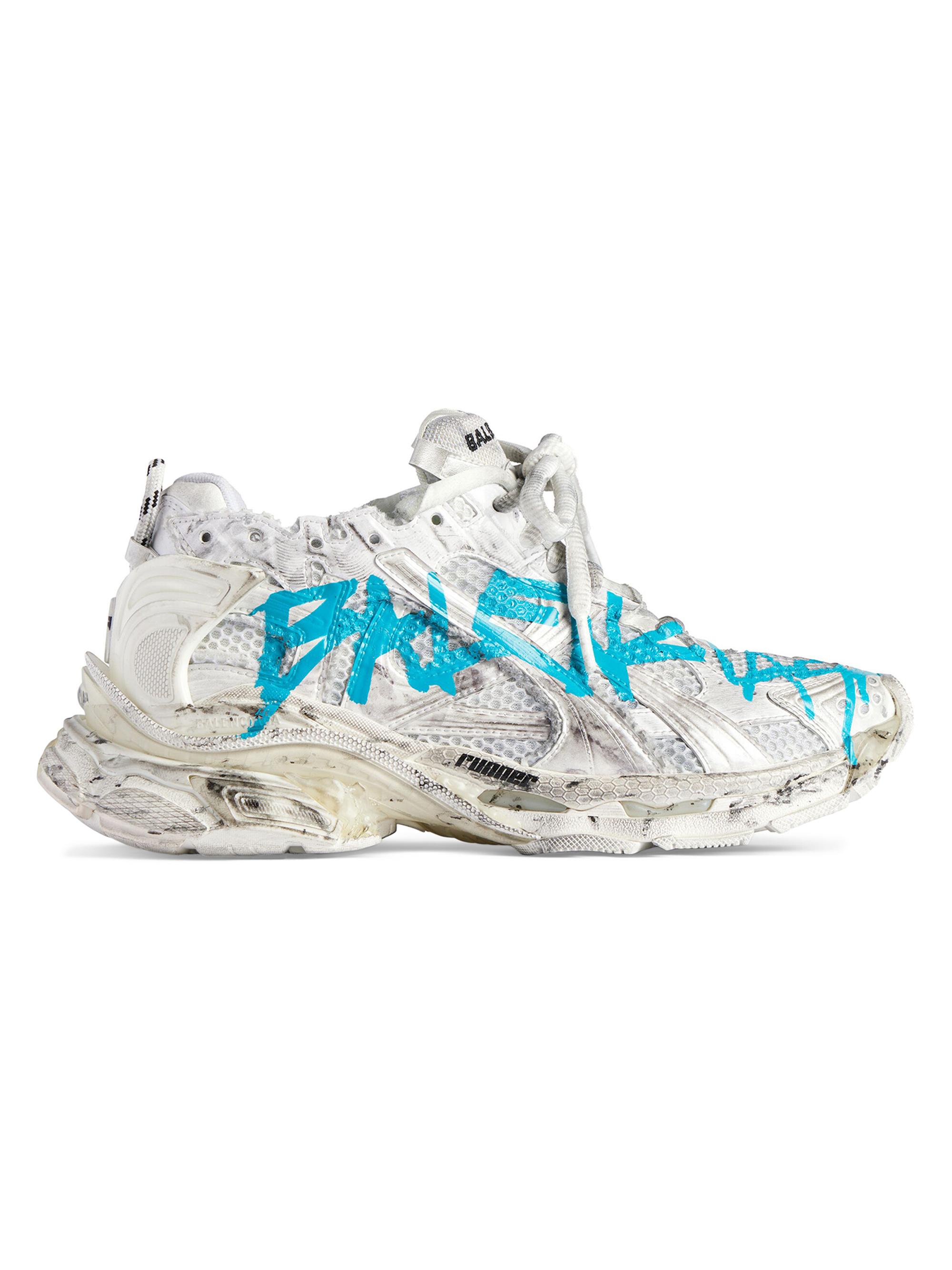 Balenciaga Men's Runner Graffiti Sneakers - White Blue