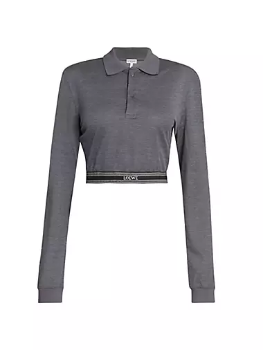 Cotton & Silk-Blend Cropped Long-Sleeve Polo Shirt